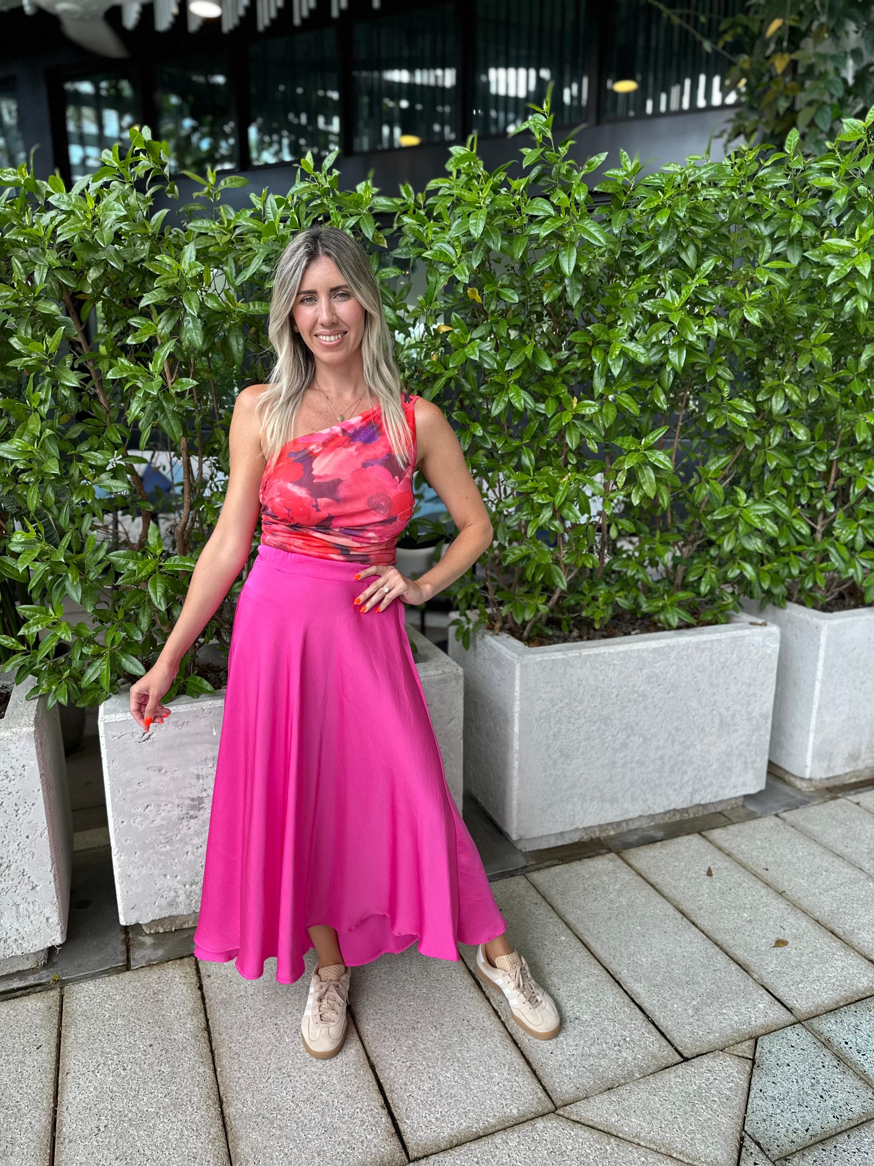 Washed Poly Silk Midi Skirt