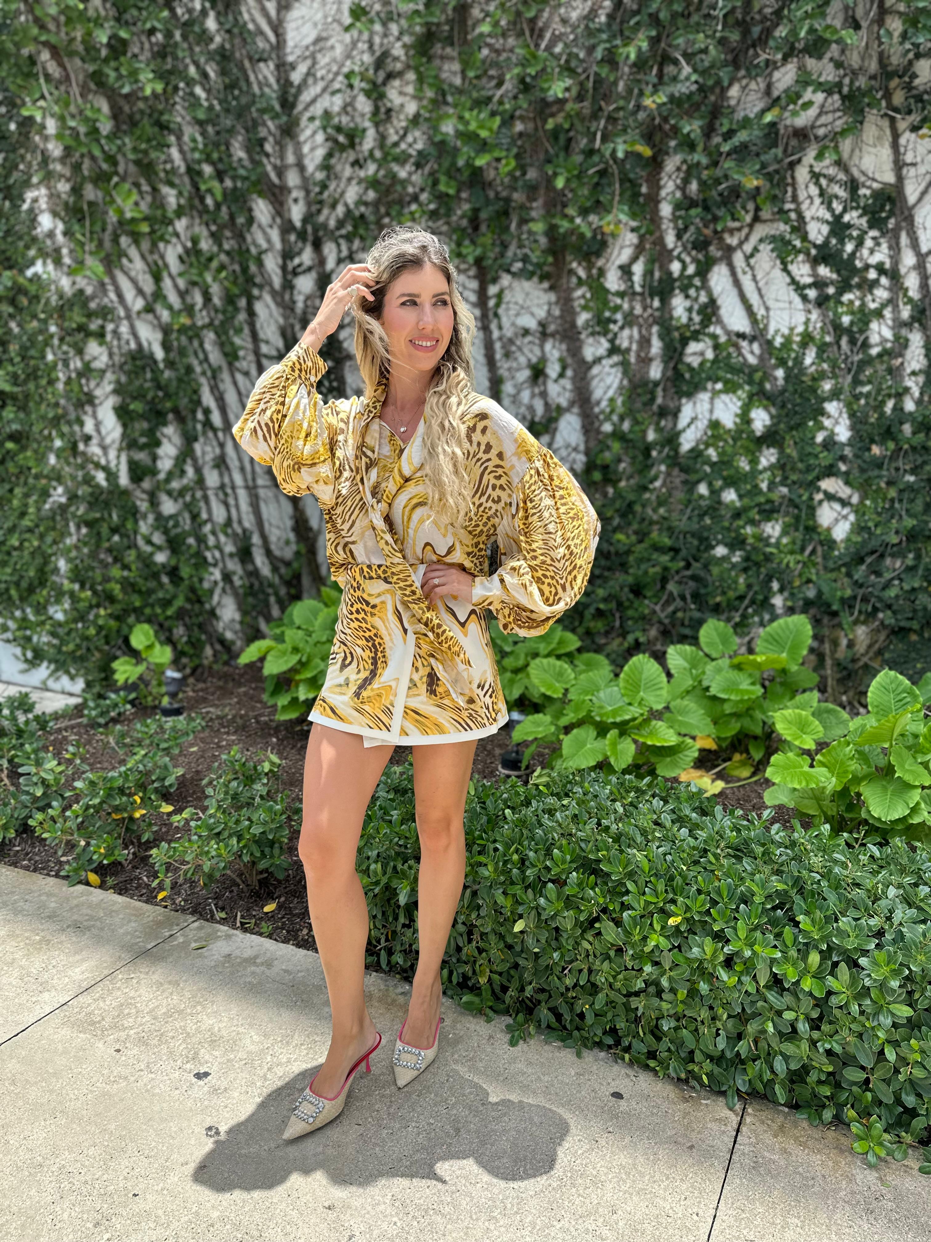 Tie Neck Printed Long Slv Top Set