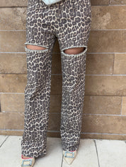 Leopard Rhinestones Cut Out Jean