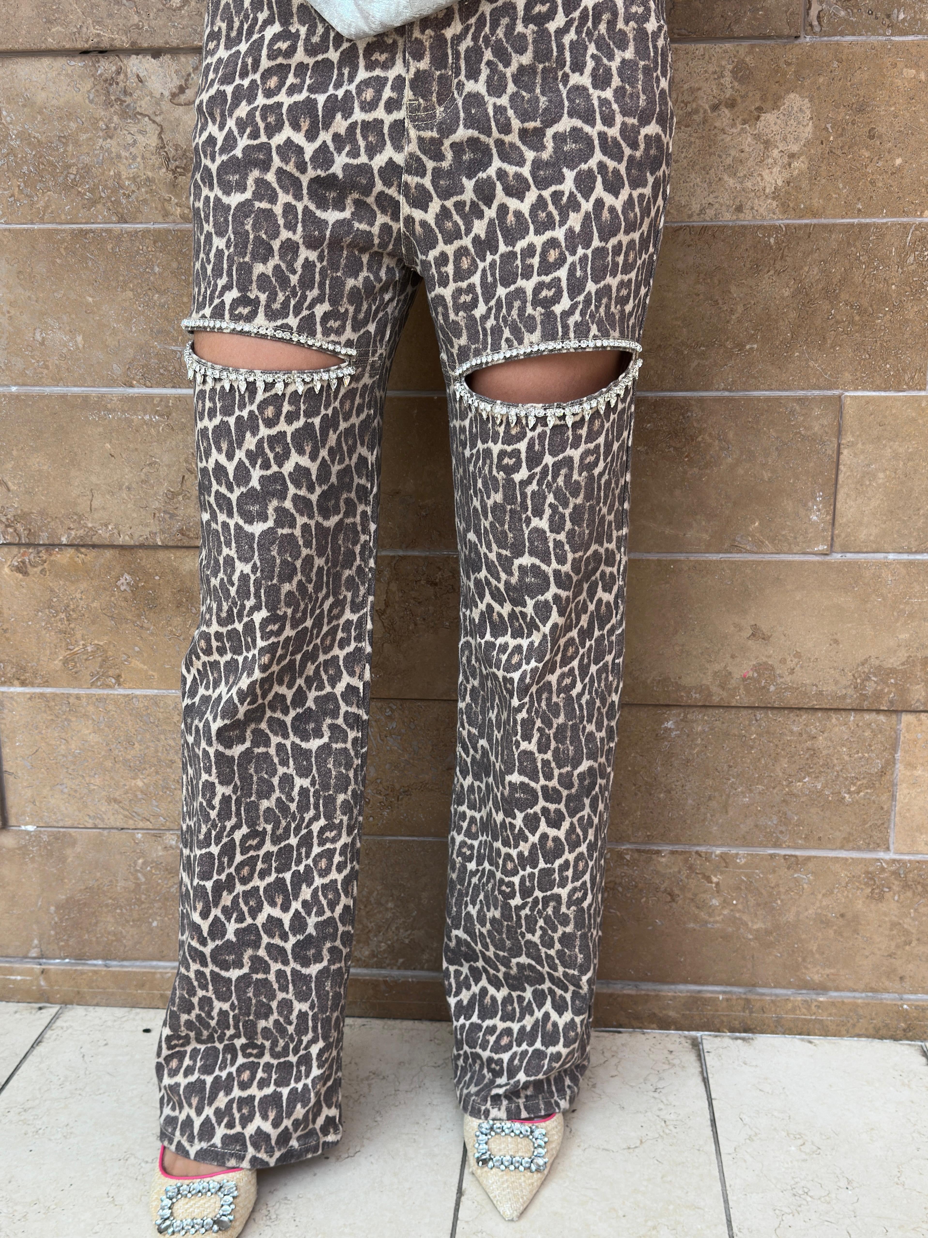 Leopard Rhinestones Cut Out Jean