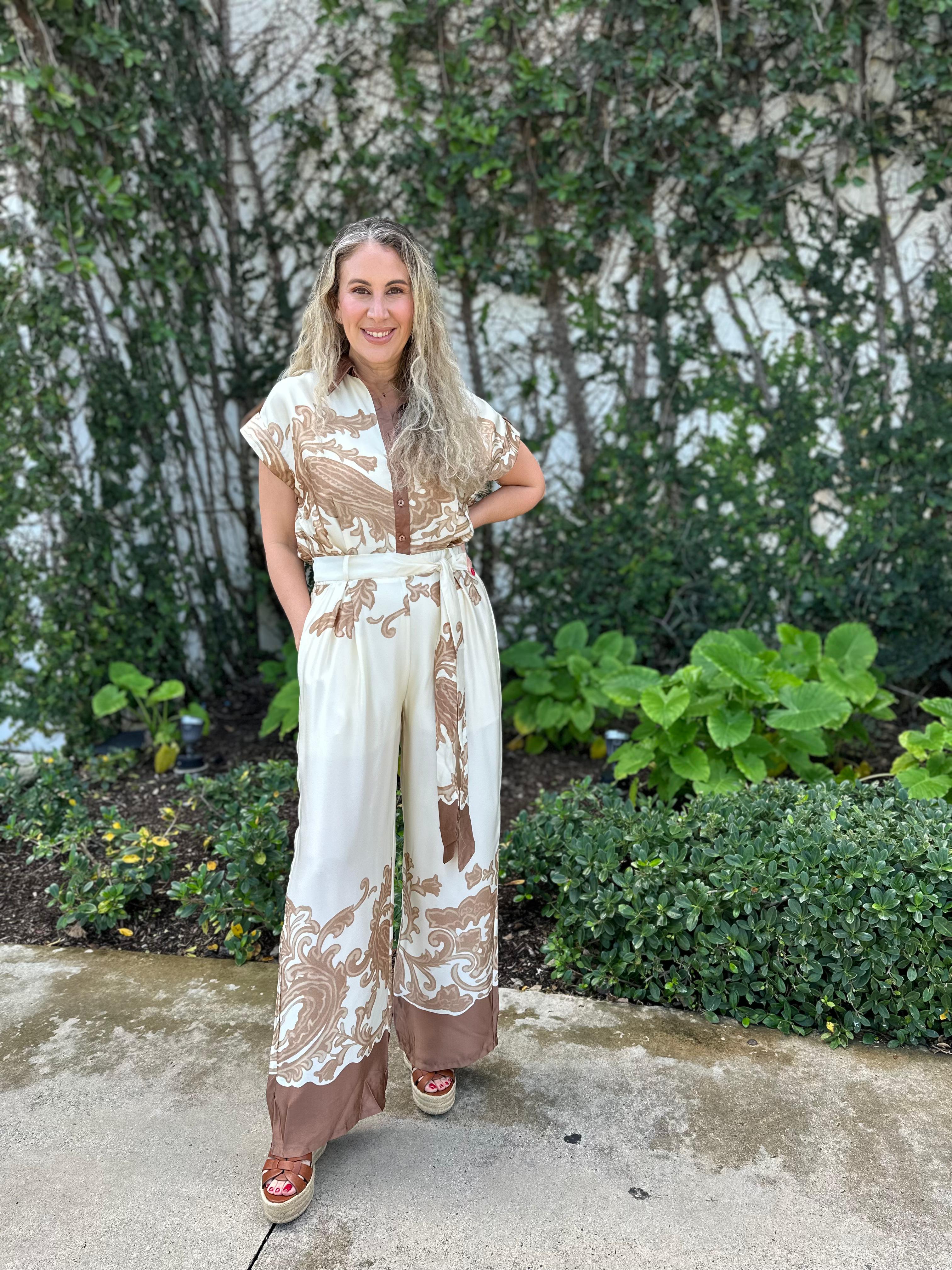 Print Satin Shirt Jumpsuit