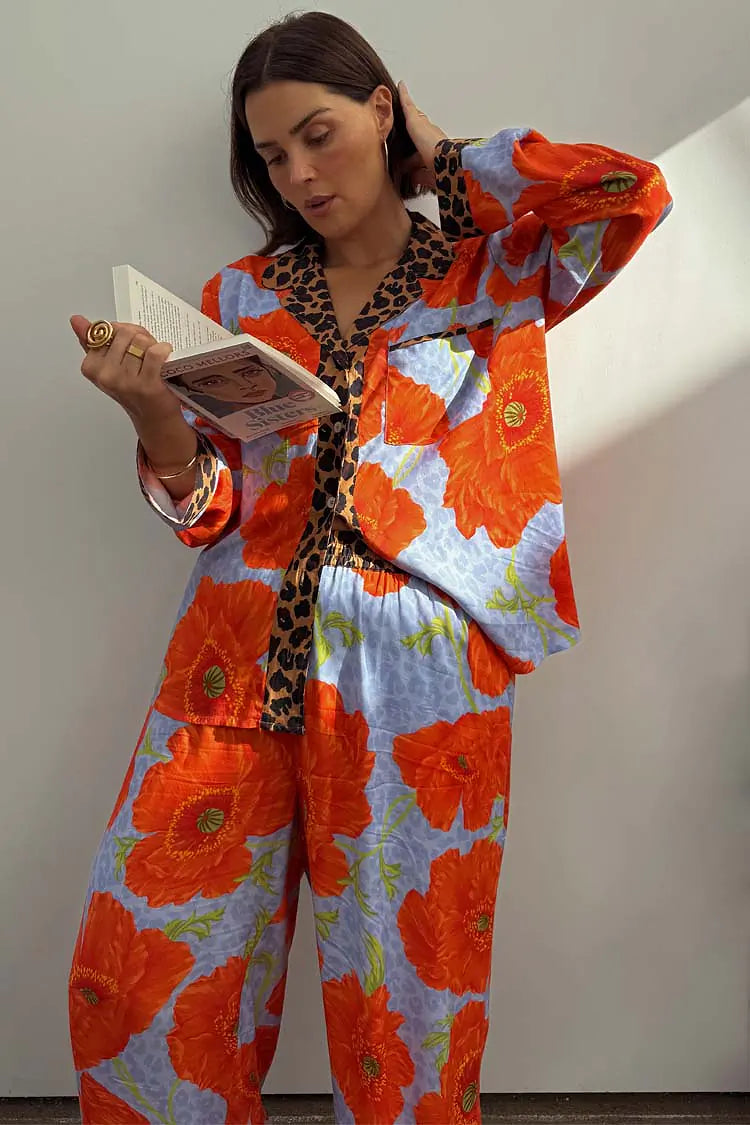 Blue Poppy Print Button Through Pyjamas