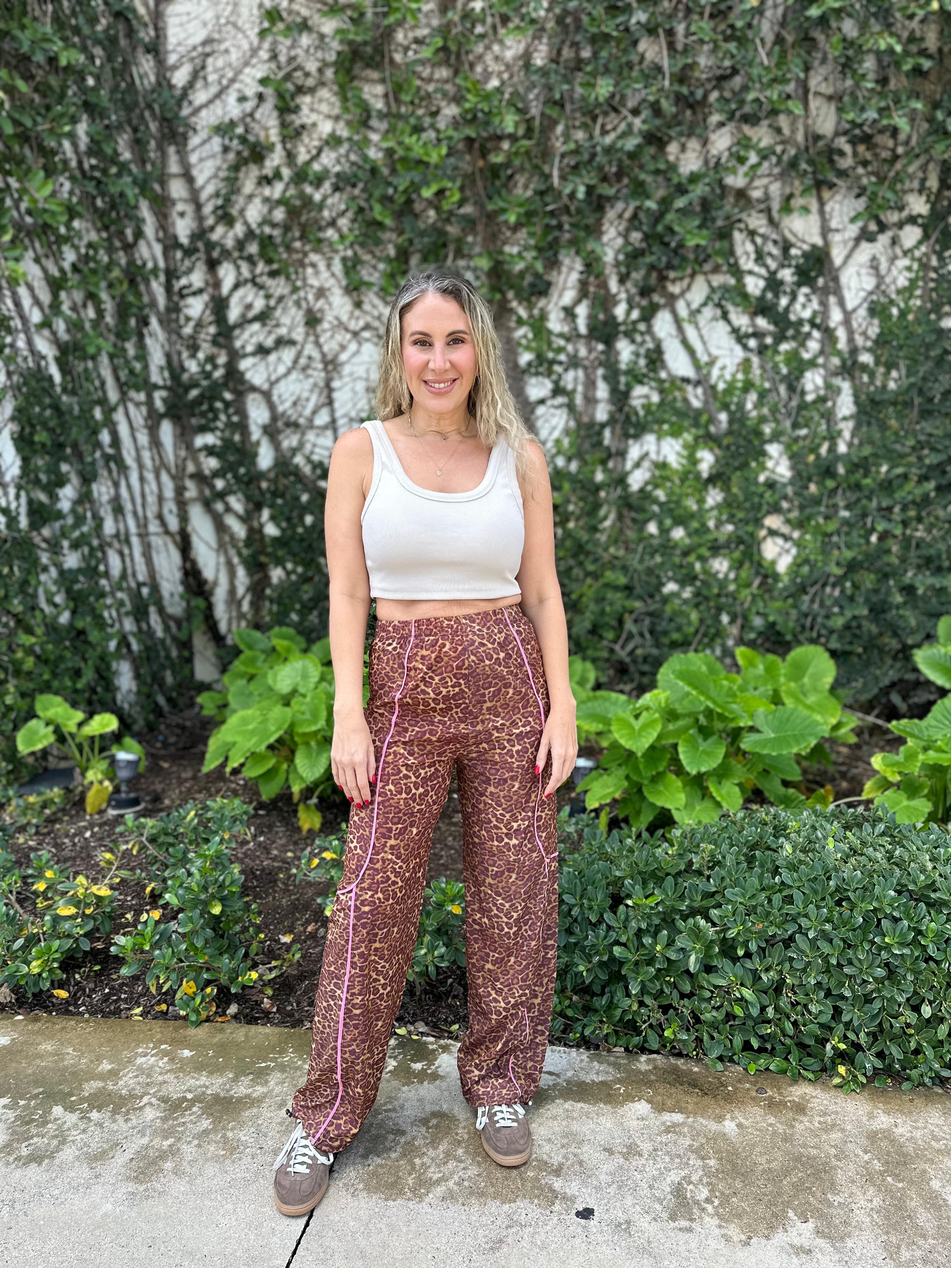 Leopard Print Nylon Track Pants