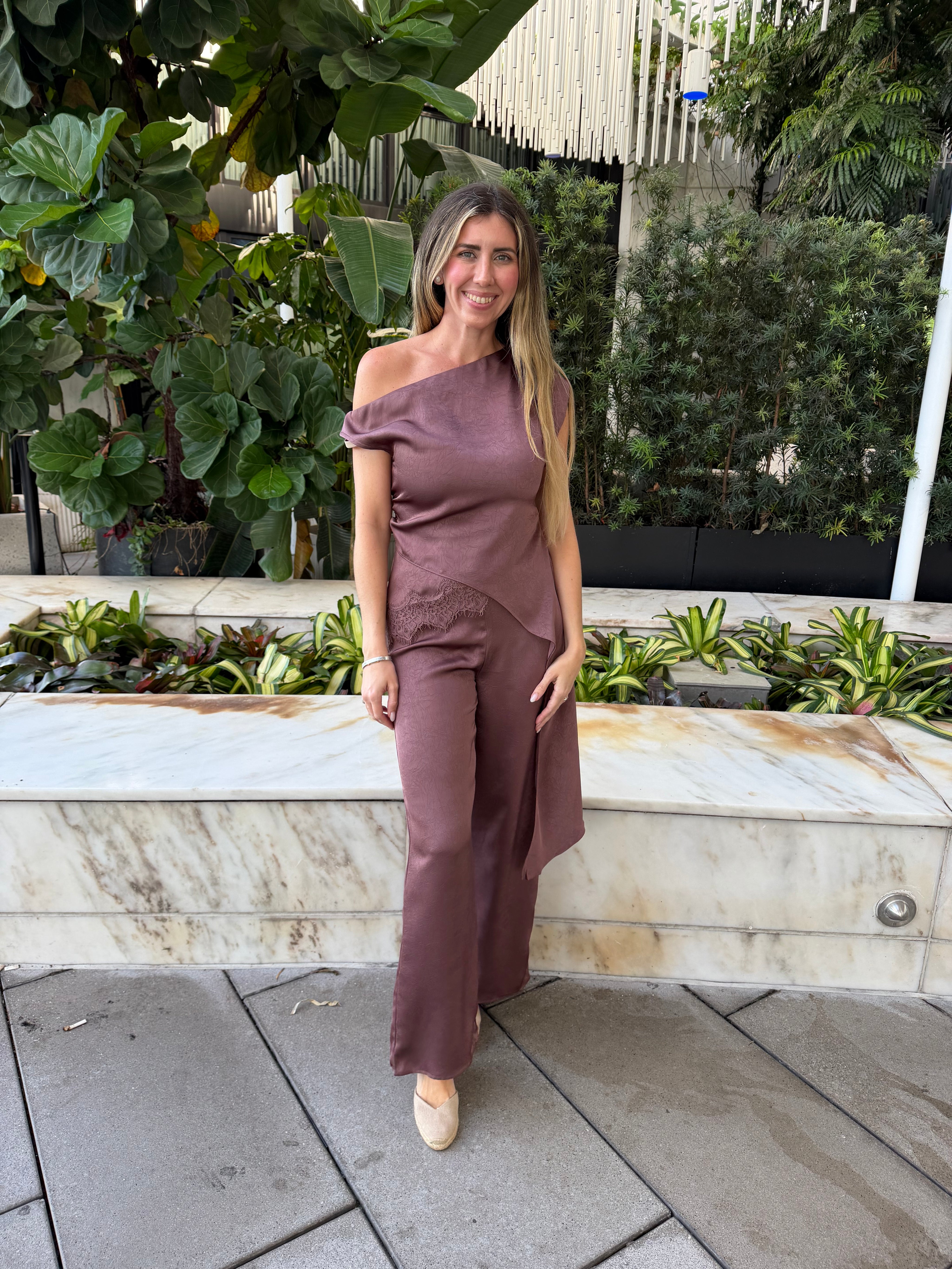 Satin One Shoulder Top & Flare Pant