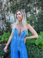 Denim Print Deep V Strapless Jumpsuit