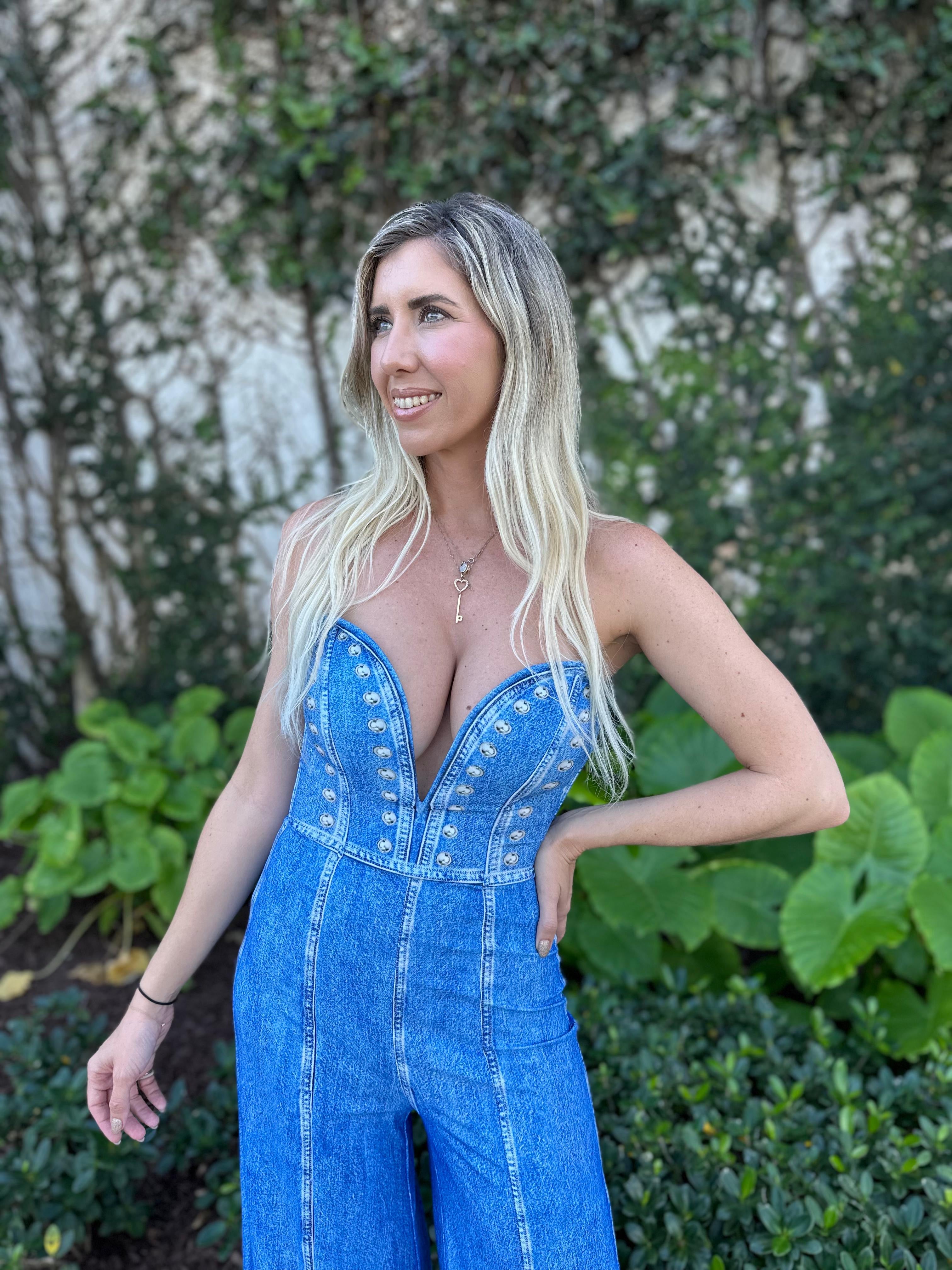 Denim Print Deep V Strapless Jumpsuit