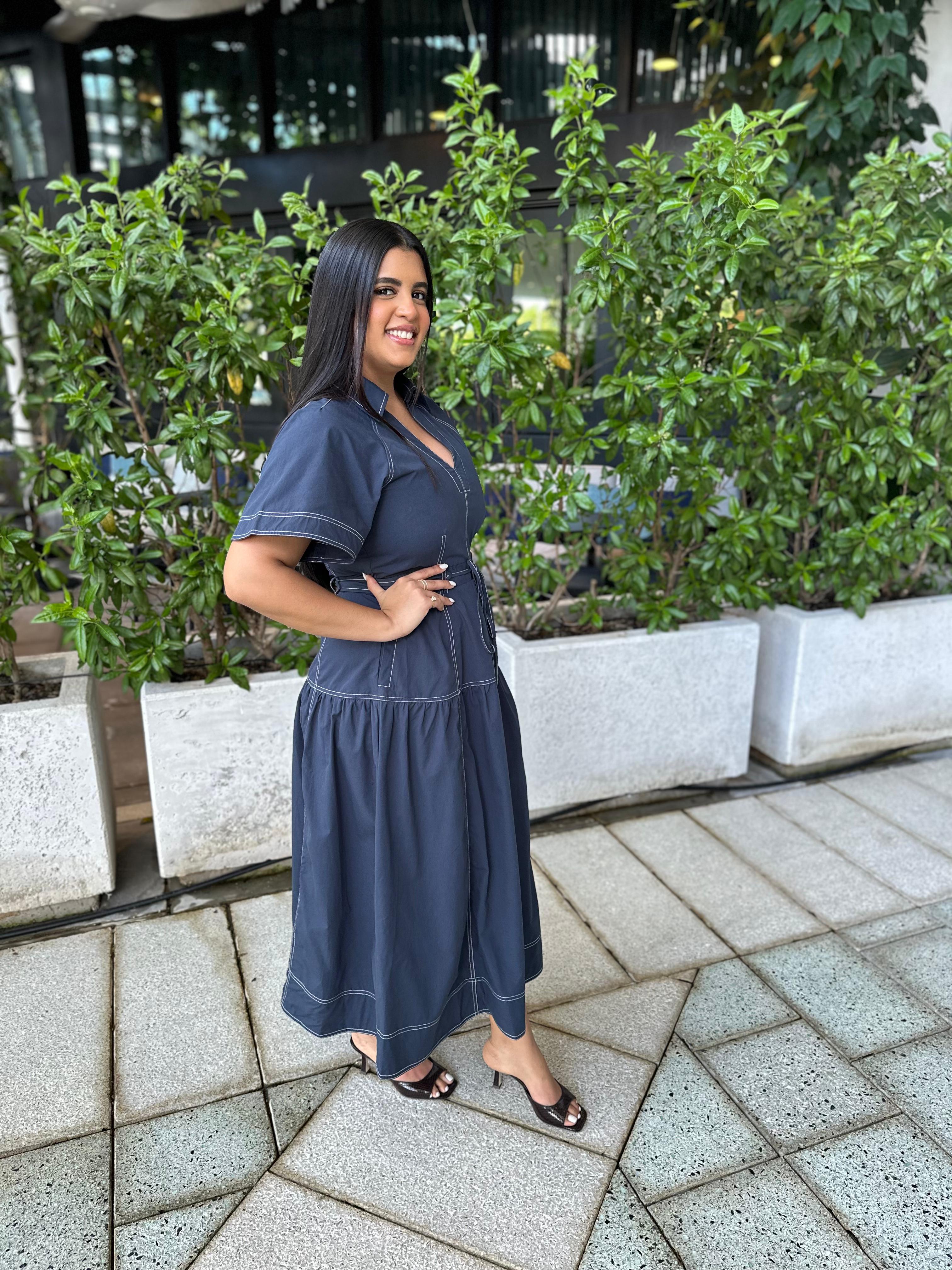 Top Stitch Poplin Long Dress