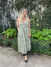 Wavy Striped Satin Midi Dress