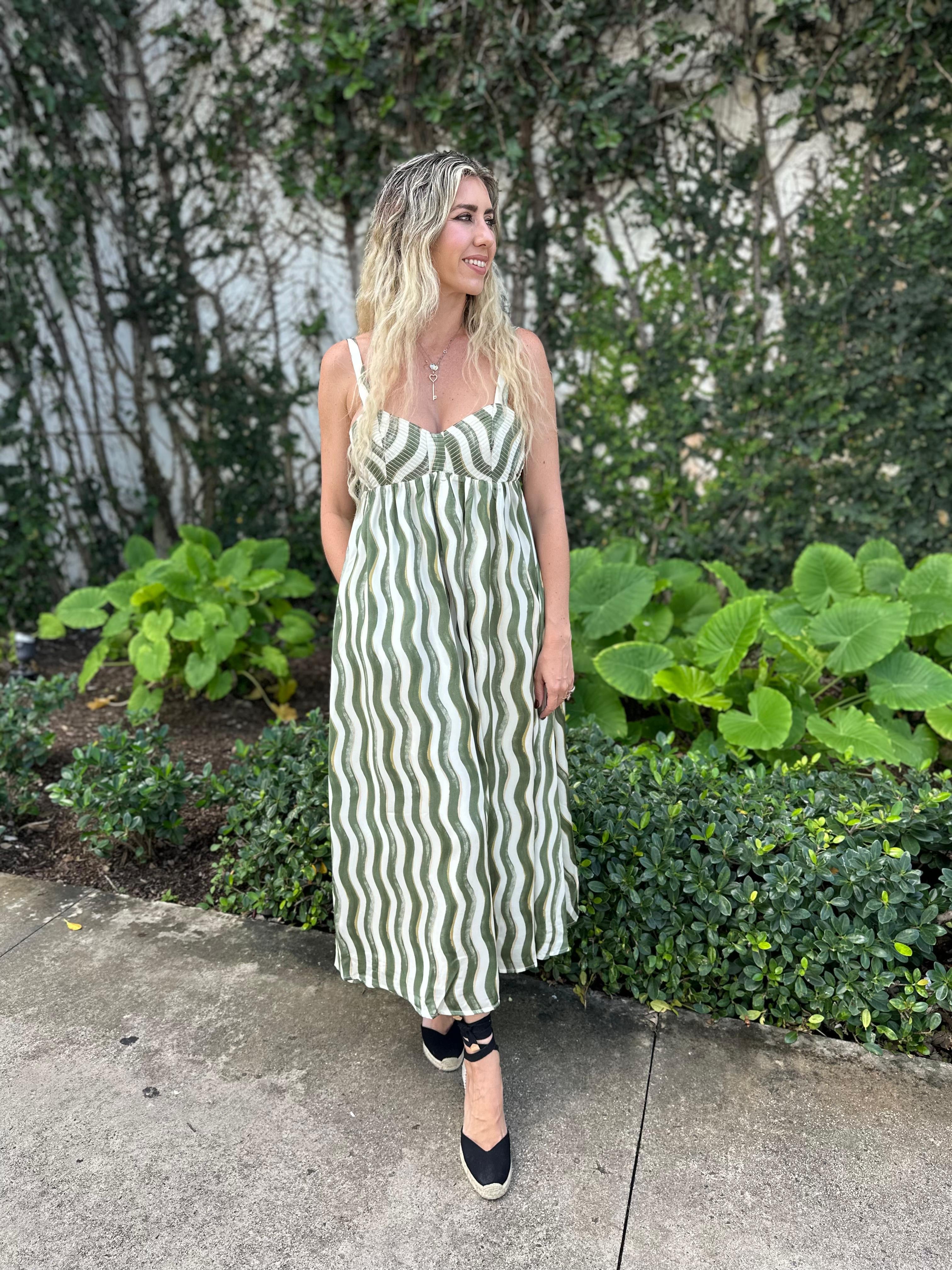 Wavy Striped Satin Midi Dress