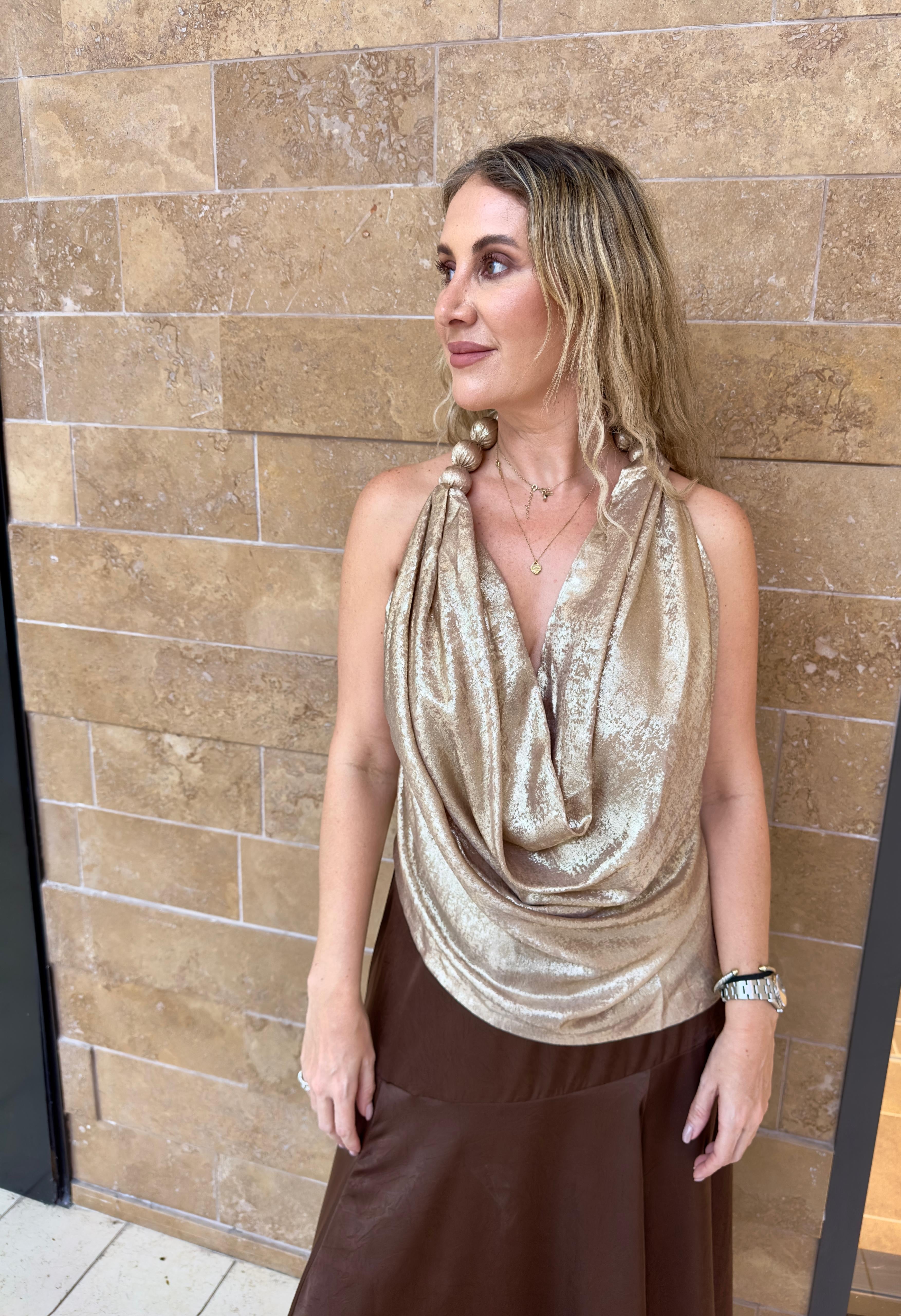 Beaded Metallic Cowl top