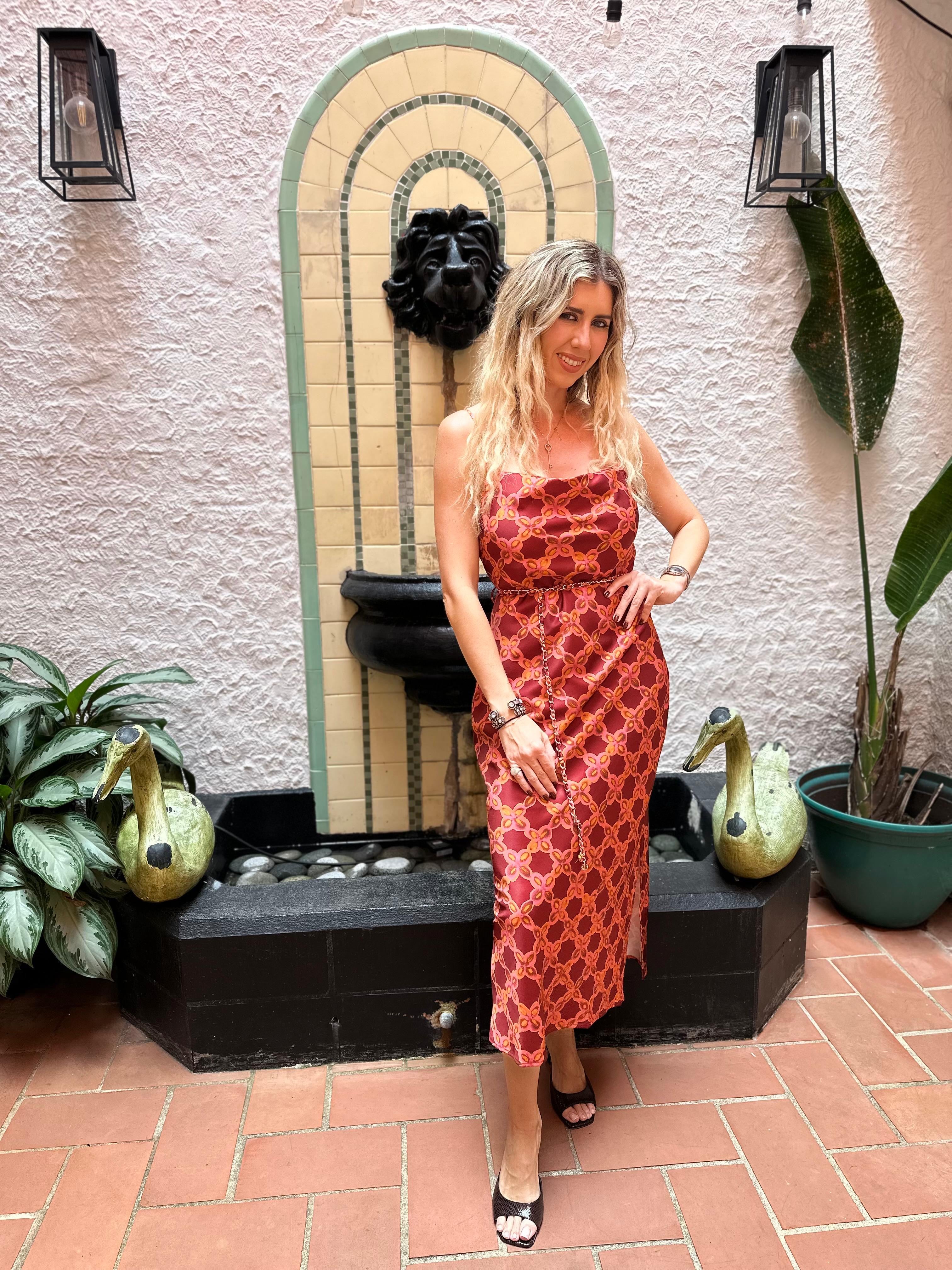 Chain Straps Cowl Neck Midi Dress