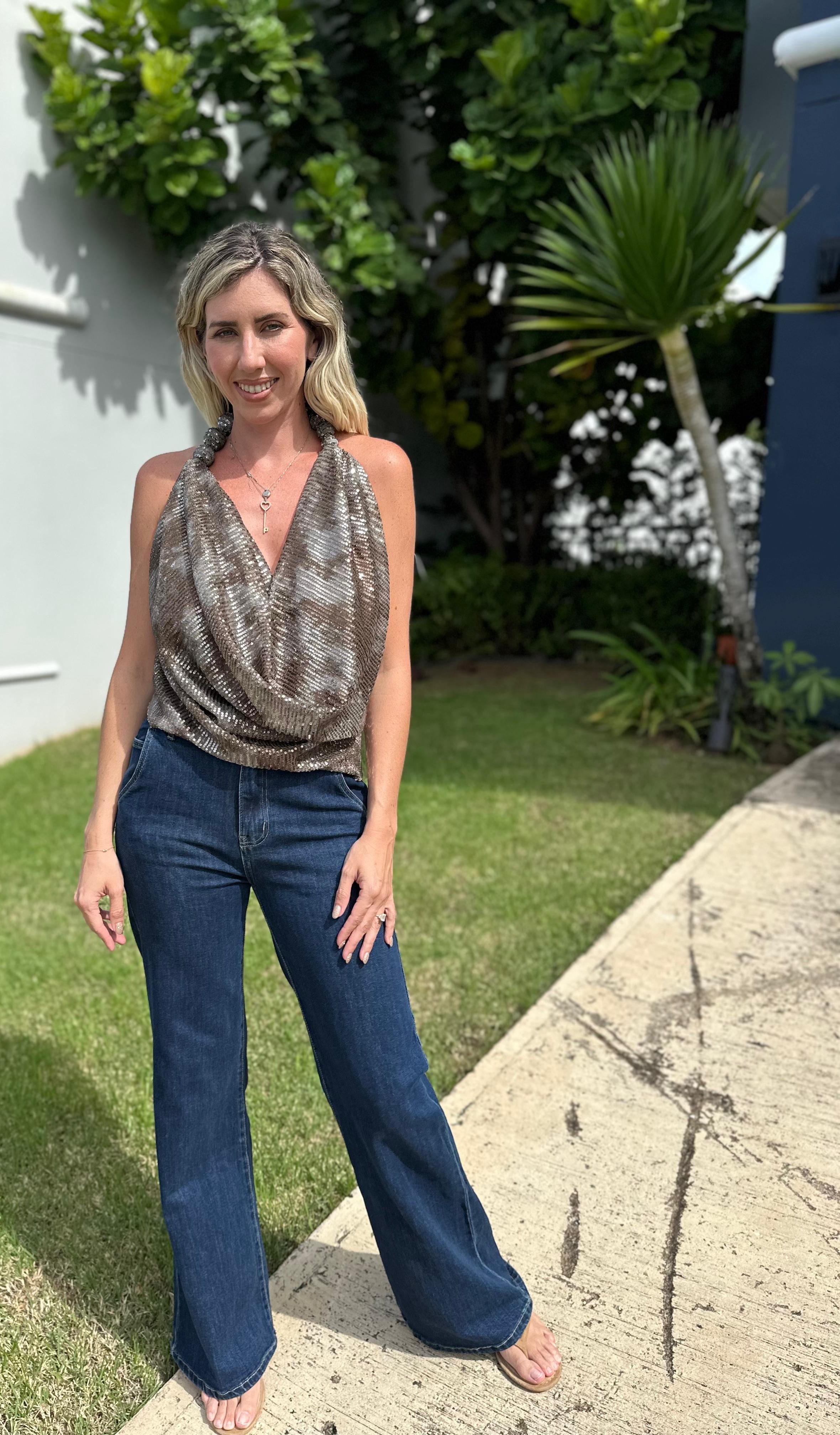 Beaded Sequins Cowl Top