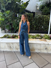 Open Back Halter Denim Jumpsuit