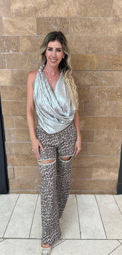 Leopard Rhinestones Cut Out Jean