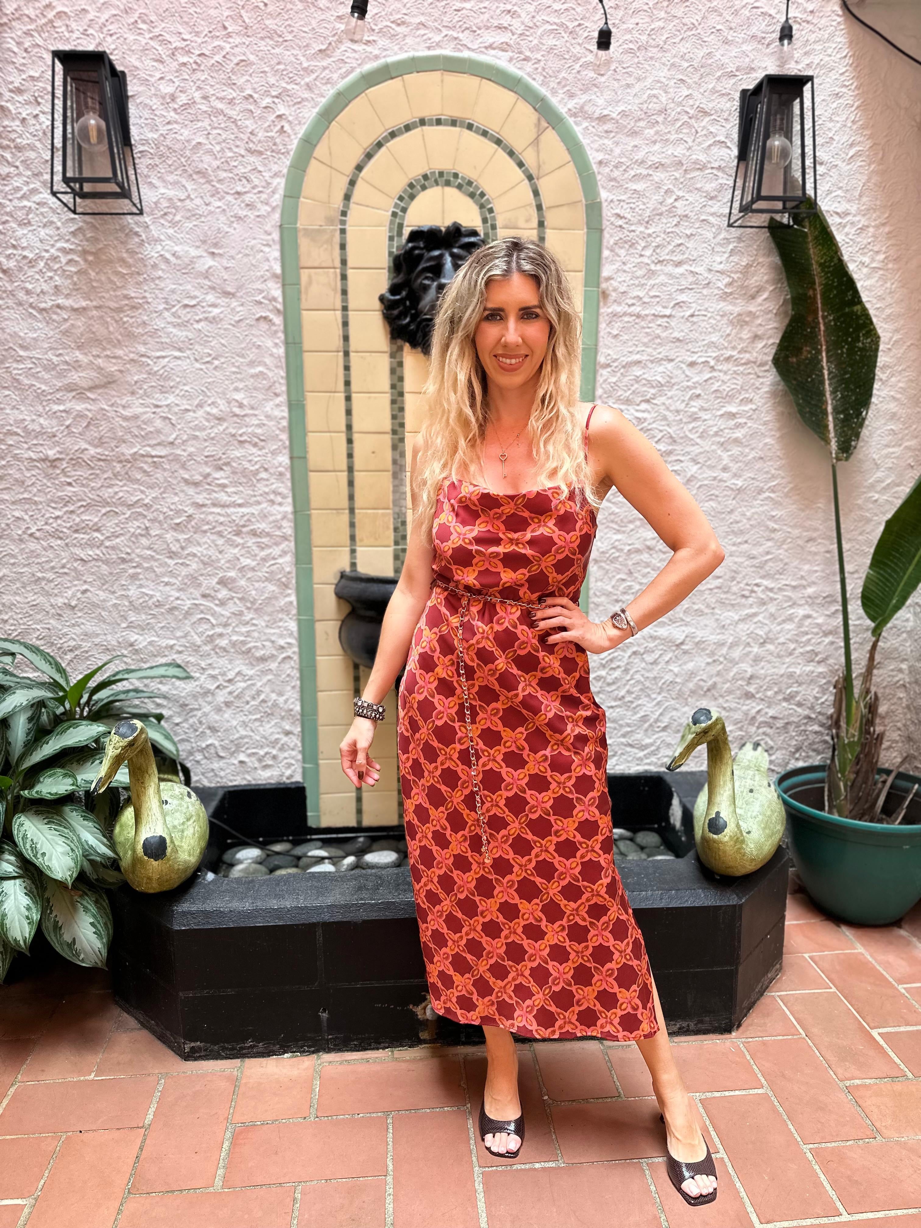 Chain Straps Cowl Neck Midi Dress