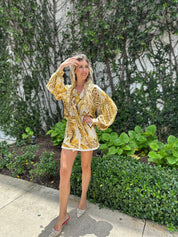 Tie Neck Printed Long Slv Top Set