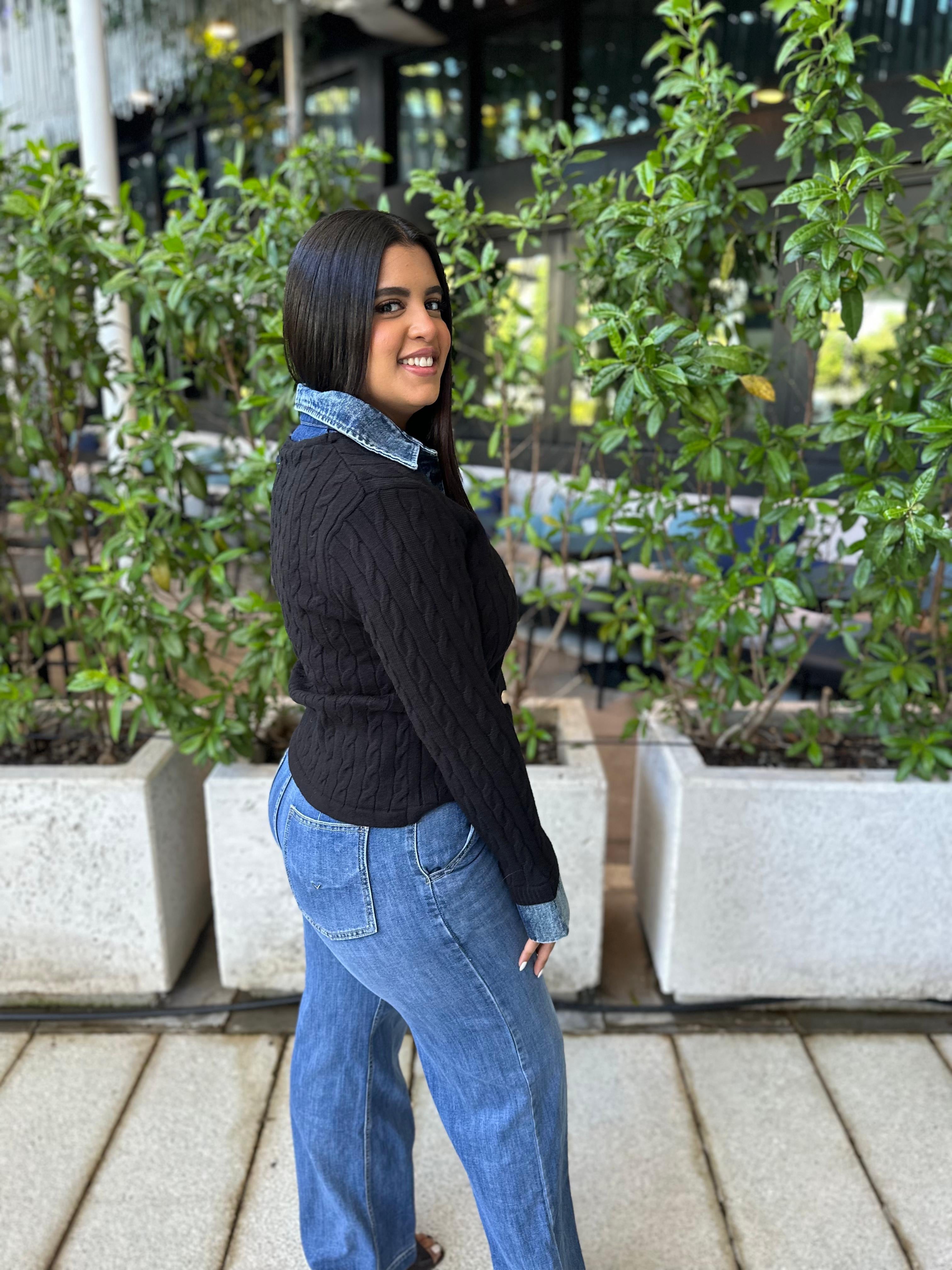 Contrast Denim Knit Cardigan