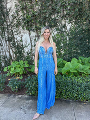 Denim Print Deep V Strapless Jumpsuit