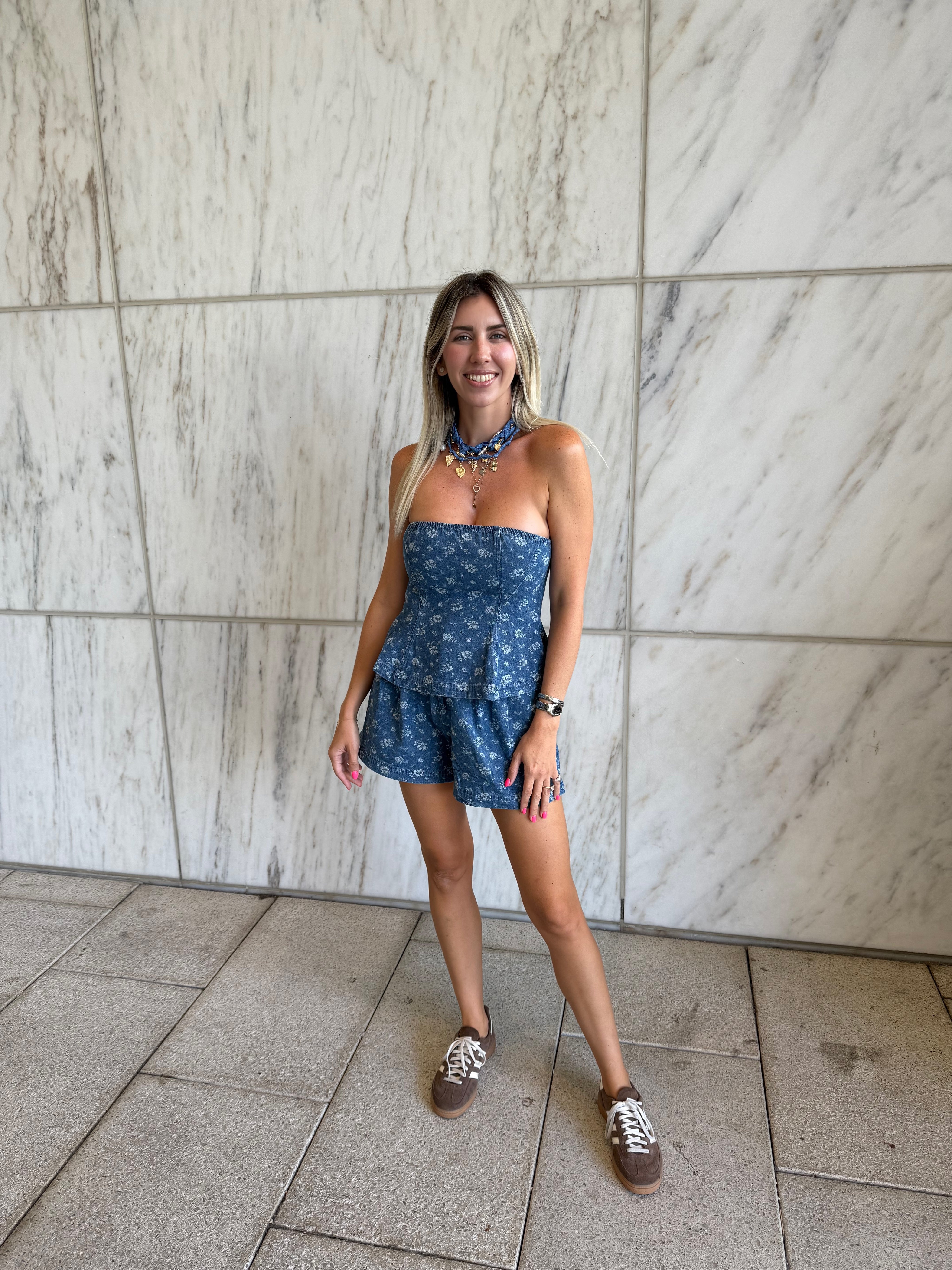 Floral Denim Peplum Top & Short