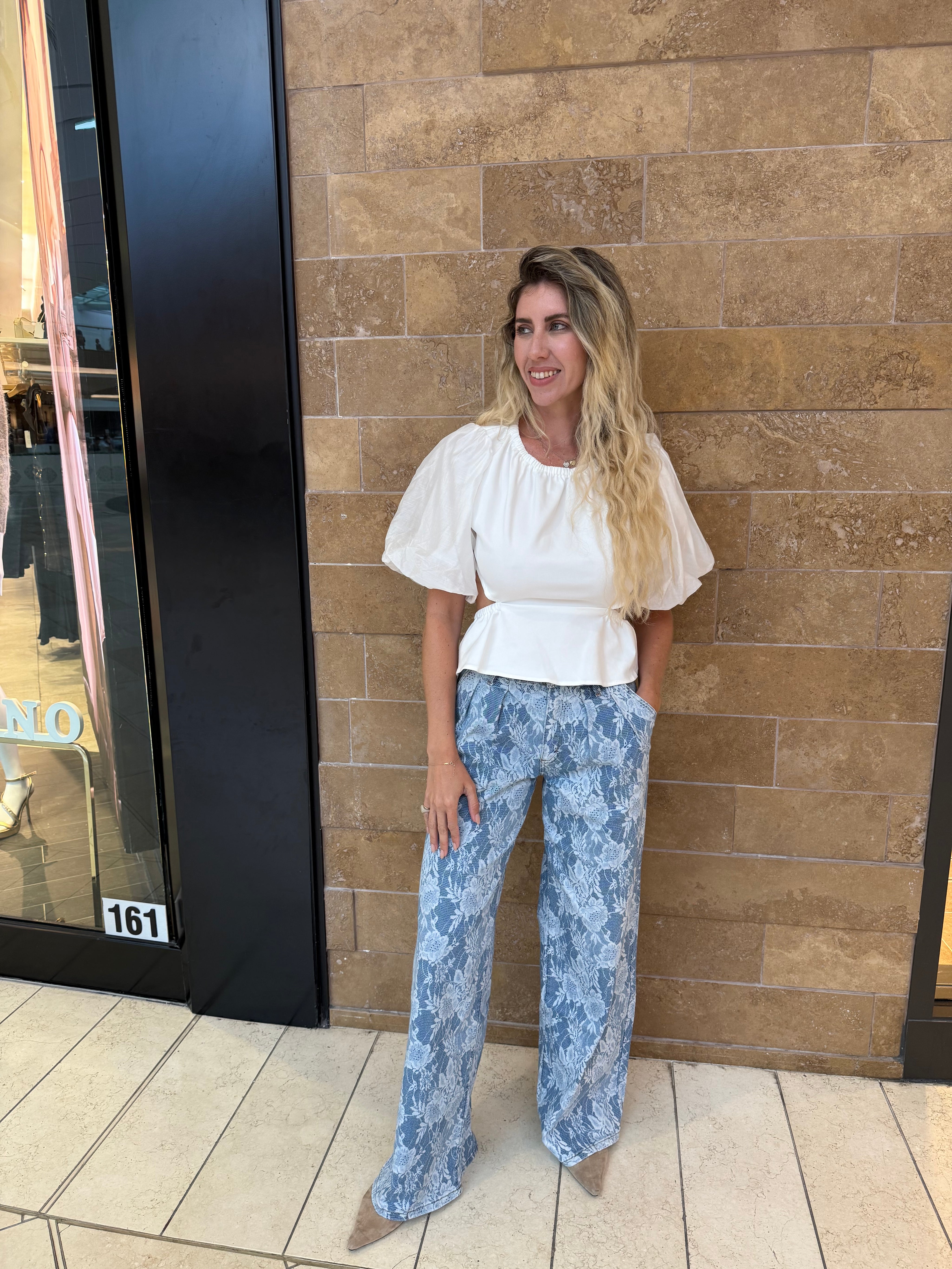 Lace Print Mid Rise Jeans