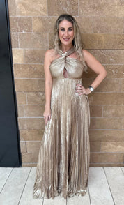 Metallic Pleated Maxi Dress