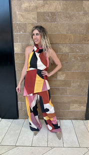 Abstract High Neck Top & Pants Set
