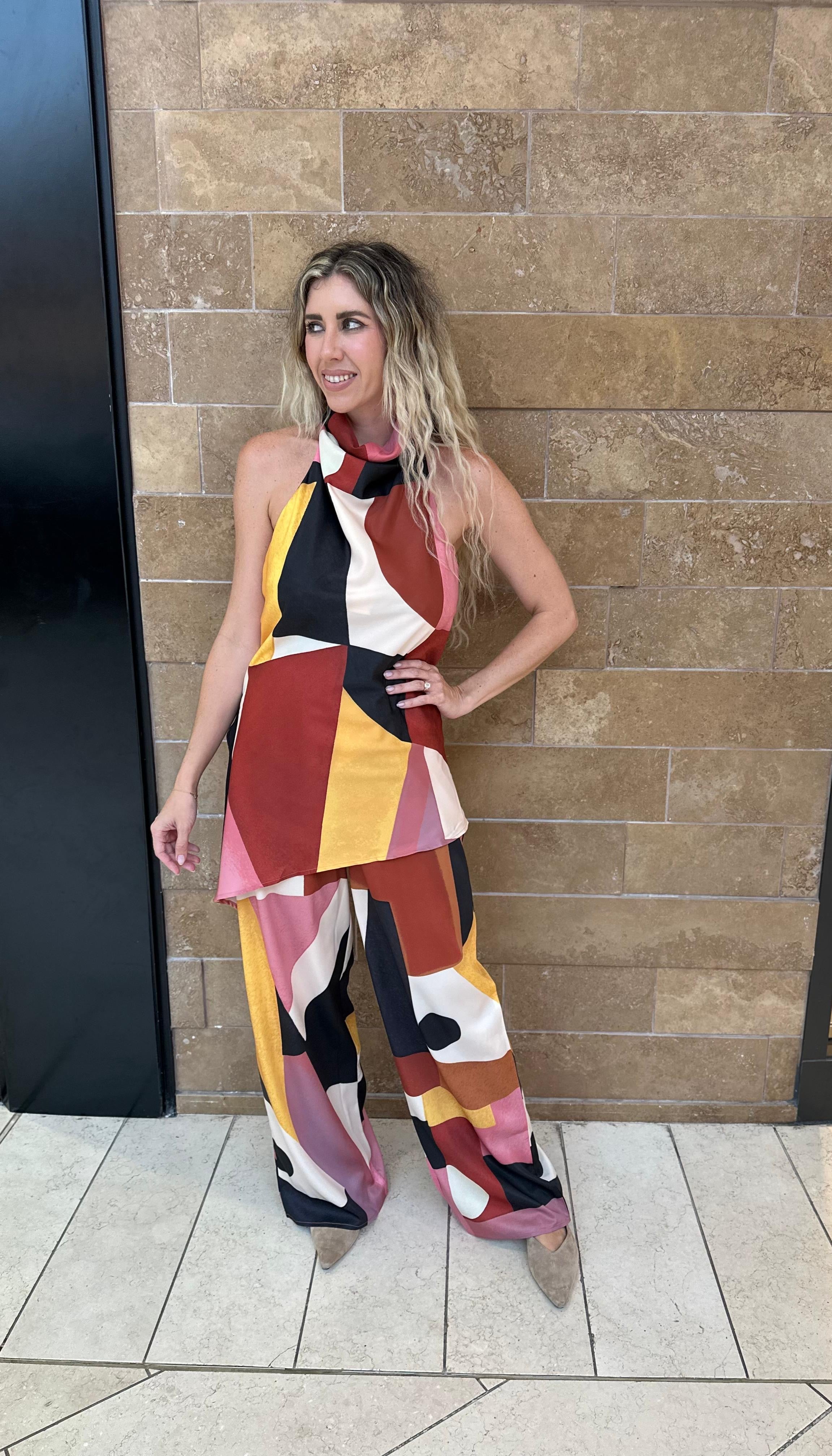 Abstract High Neck Top & Pants Set
