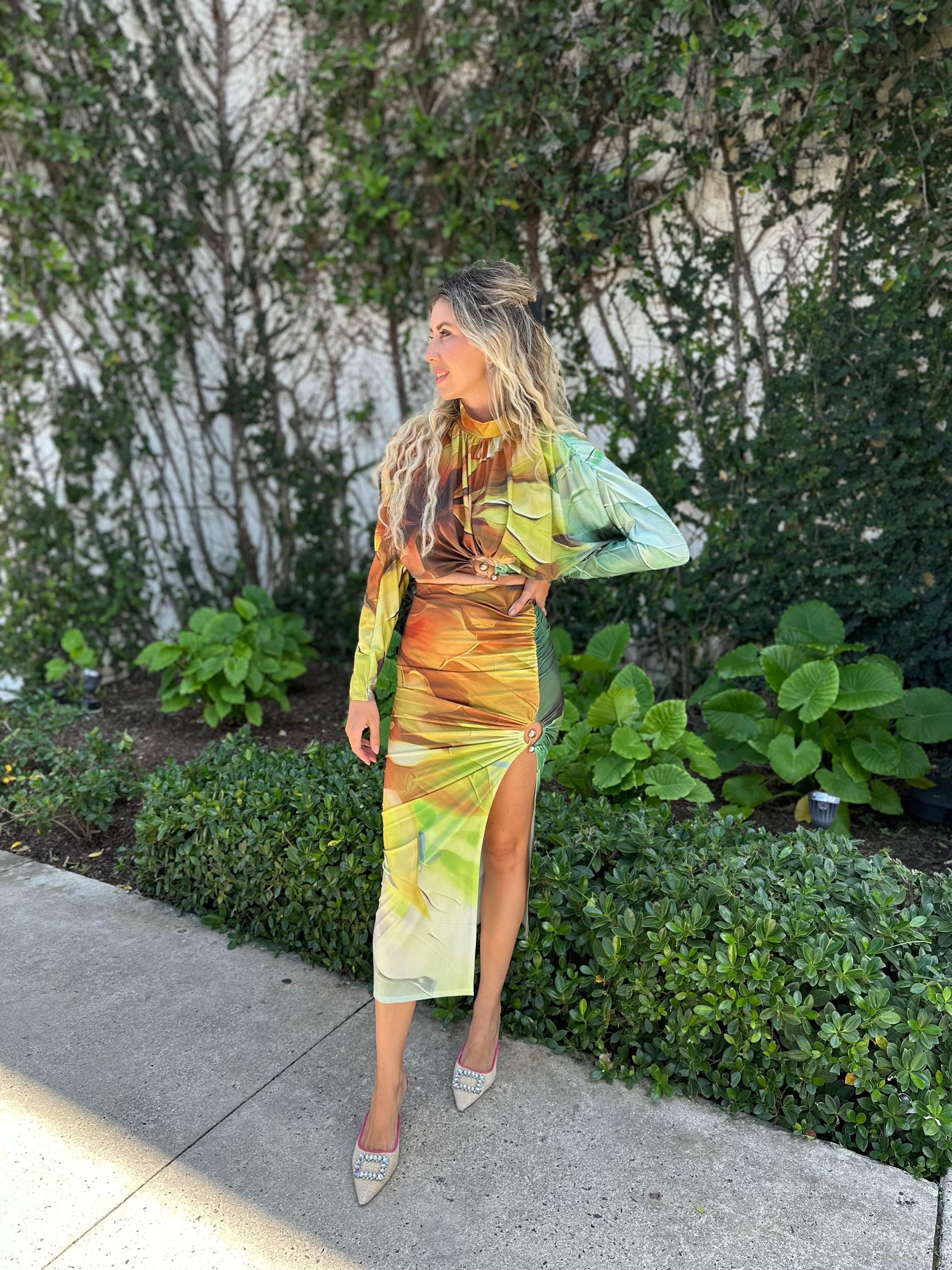Printed Crop Top & Slit Skirt Set