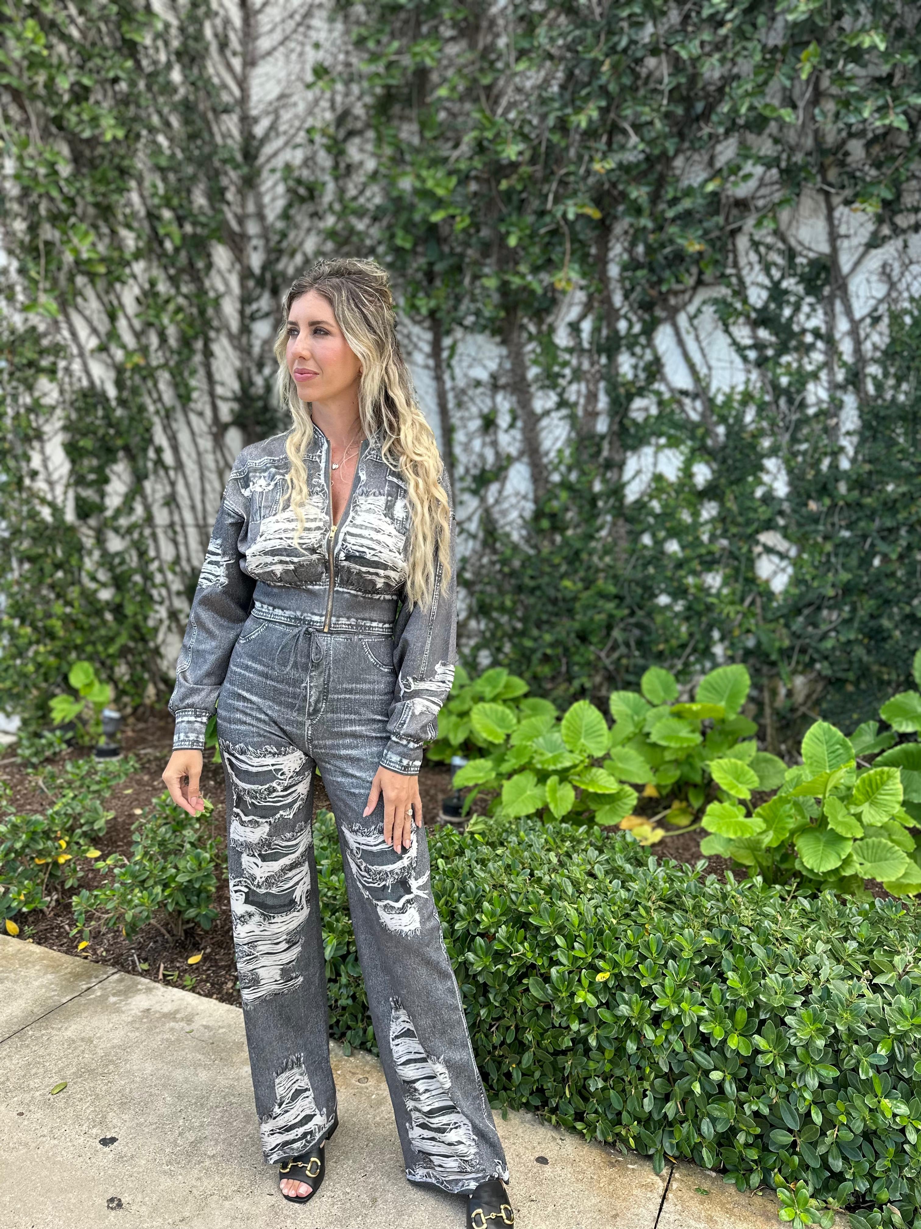 Acid Wash Denim Sweater Set