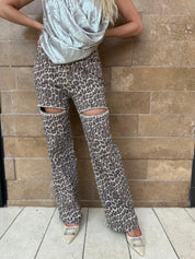 Leopard Rhinestones Cut Out Jean