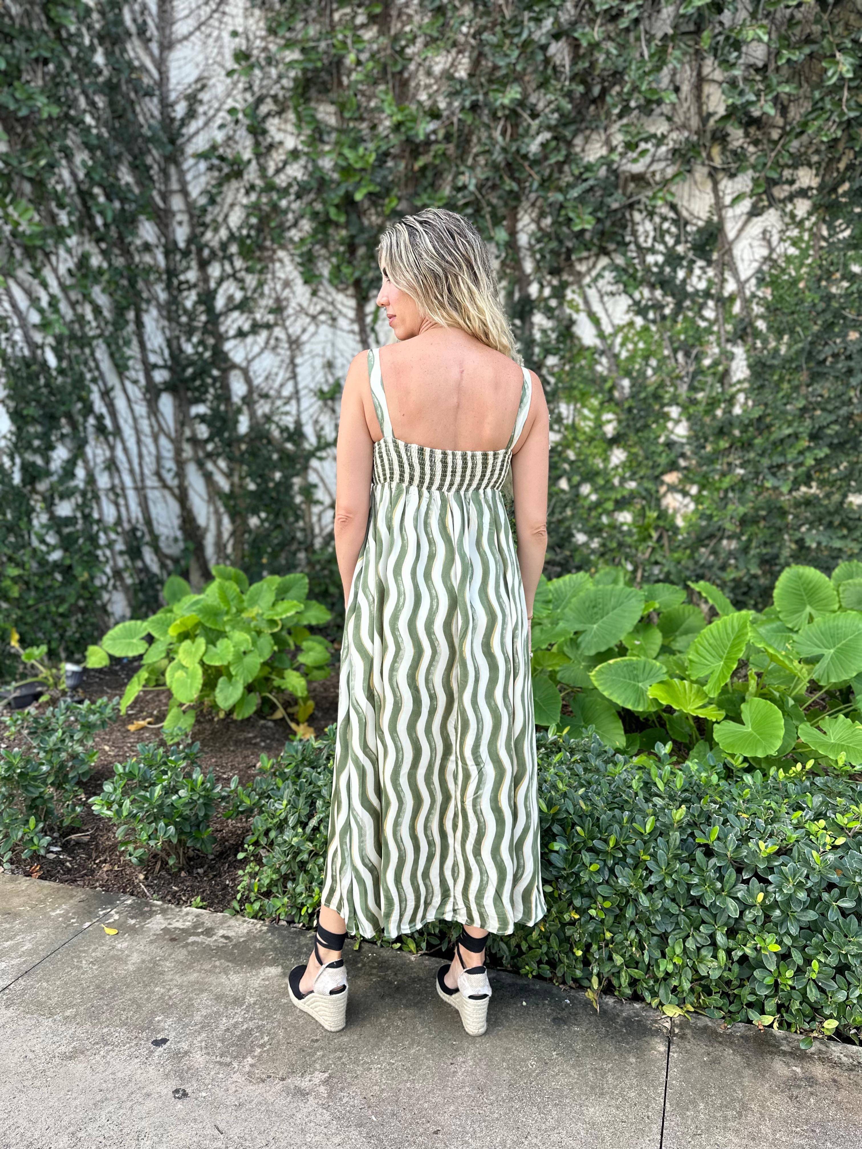 Wavy Striped Satin Midi Dress