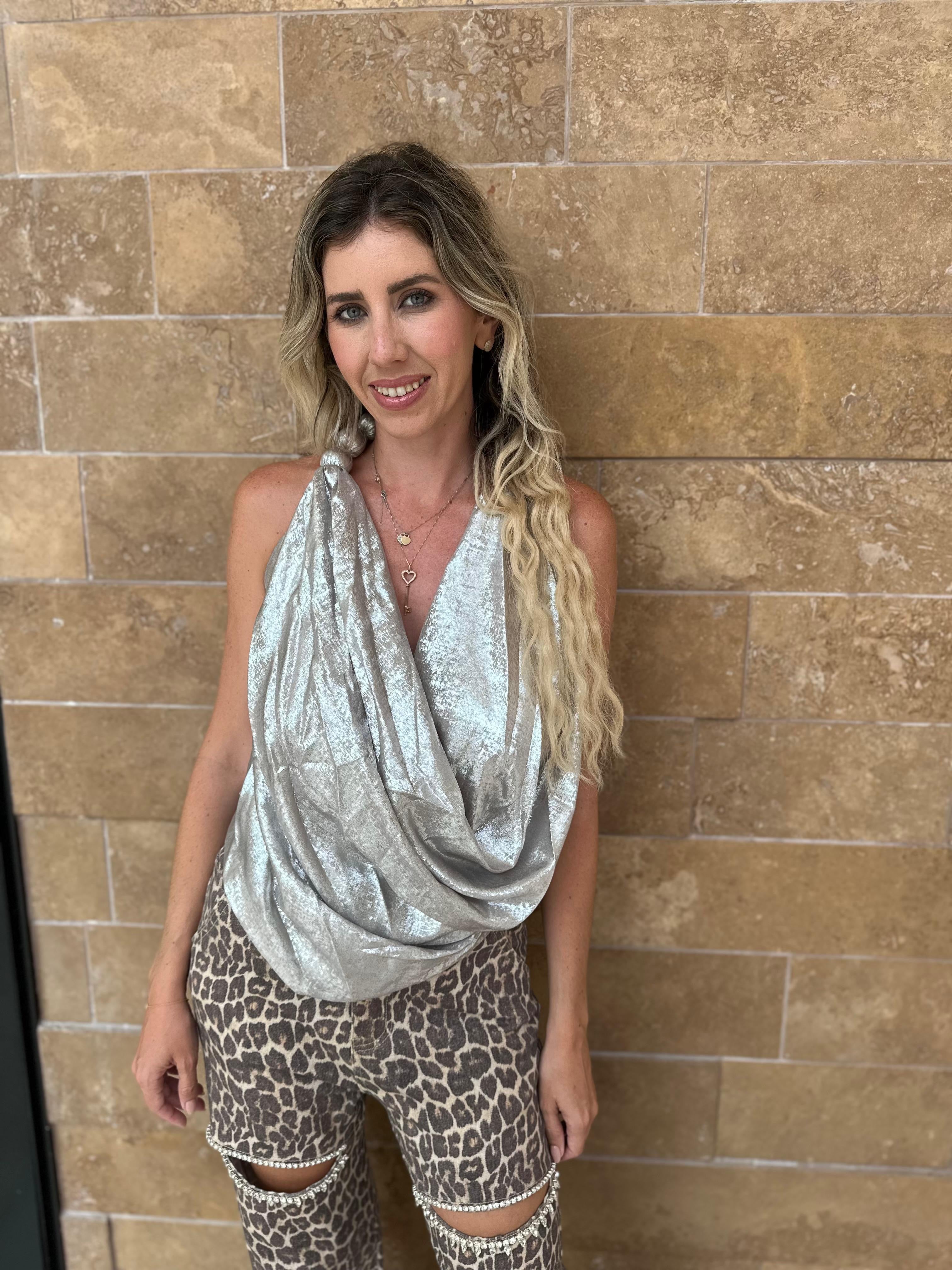 Beaded Metallic Cowl top