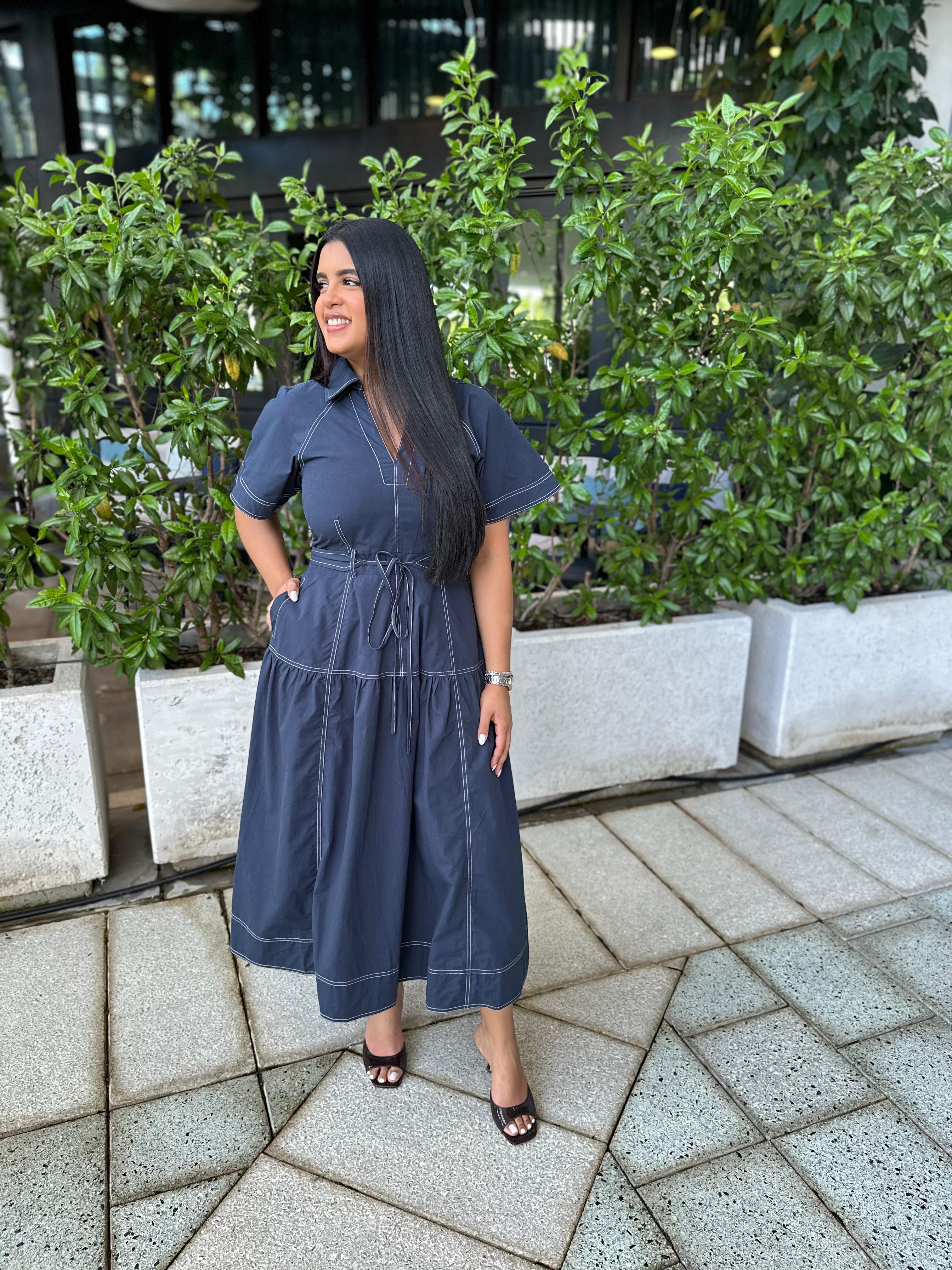 Top Stitch Poplin Long Dress