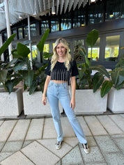 Mid Rise Rhinestone Stripes Jeans