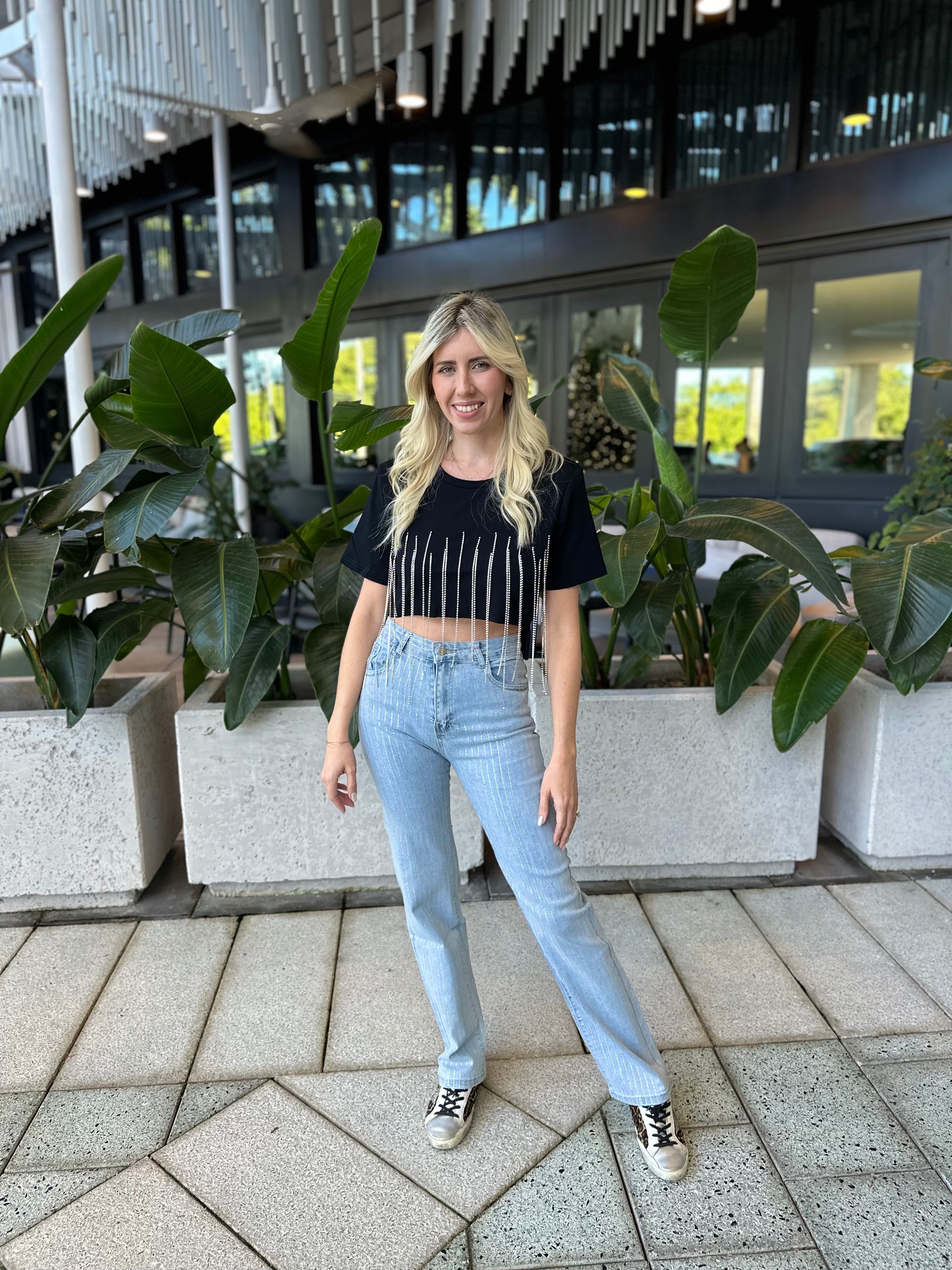 Mid Rise Rhinestone Stripes Jeans