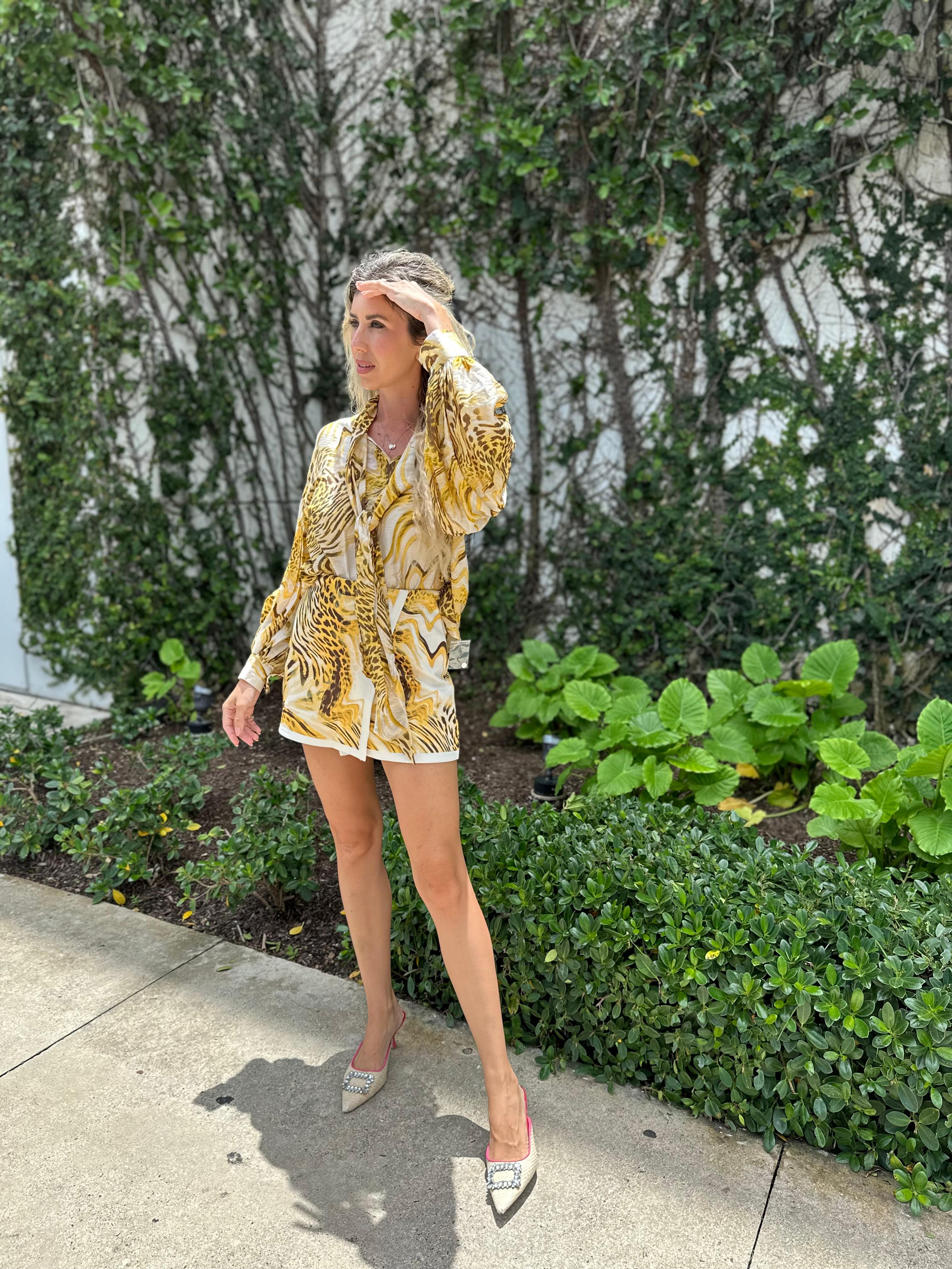 Tie Neck Printed Long Slv Top Set