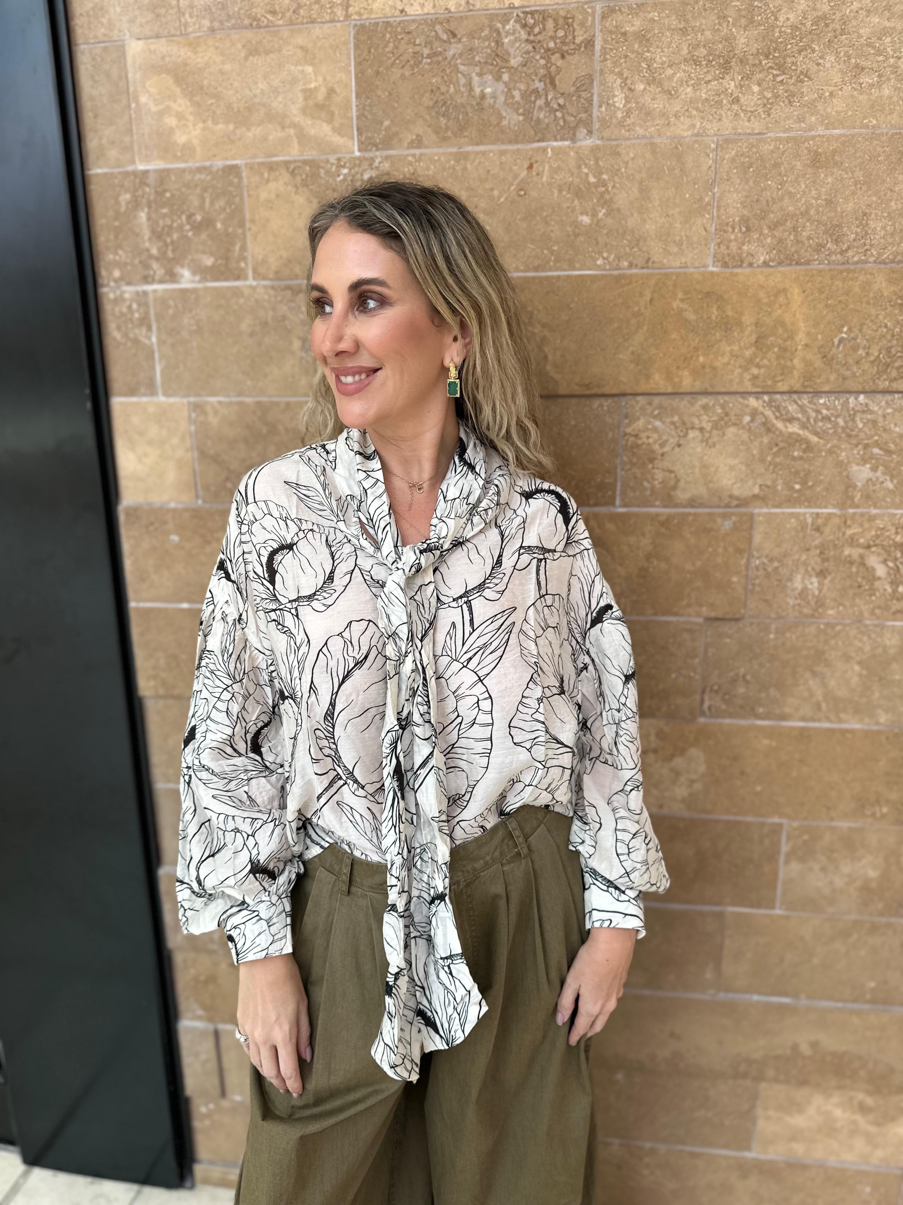 Neck Tie Puff Slv Blouse