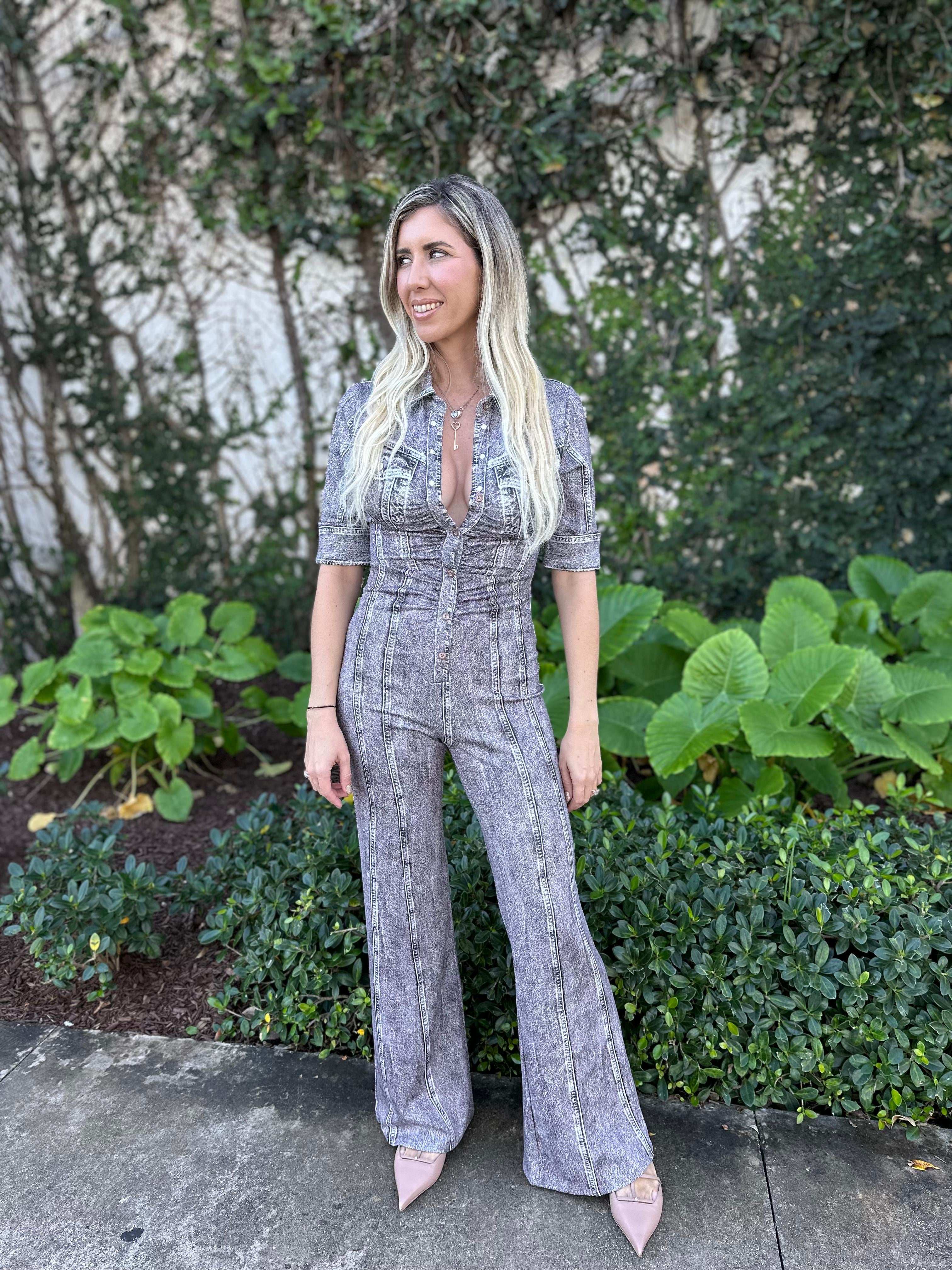 Acid Washed Buttons Jumpsuit