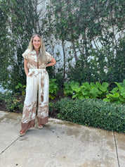Print Satin Shirt Jumpsuit