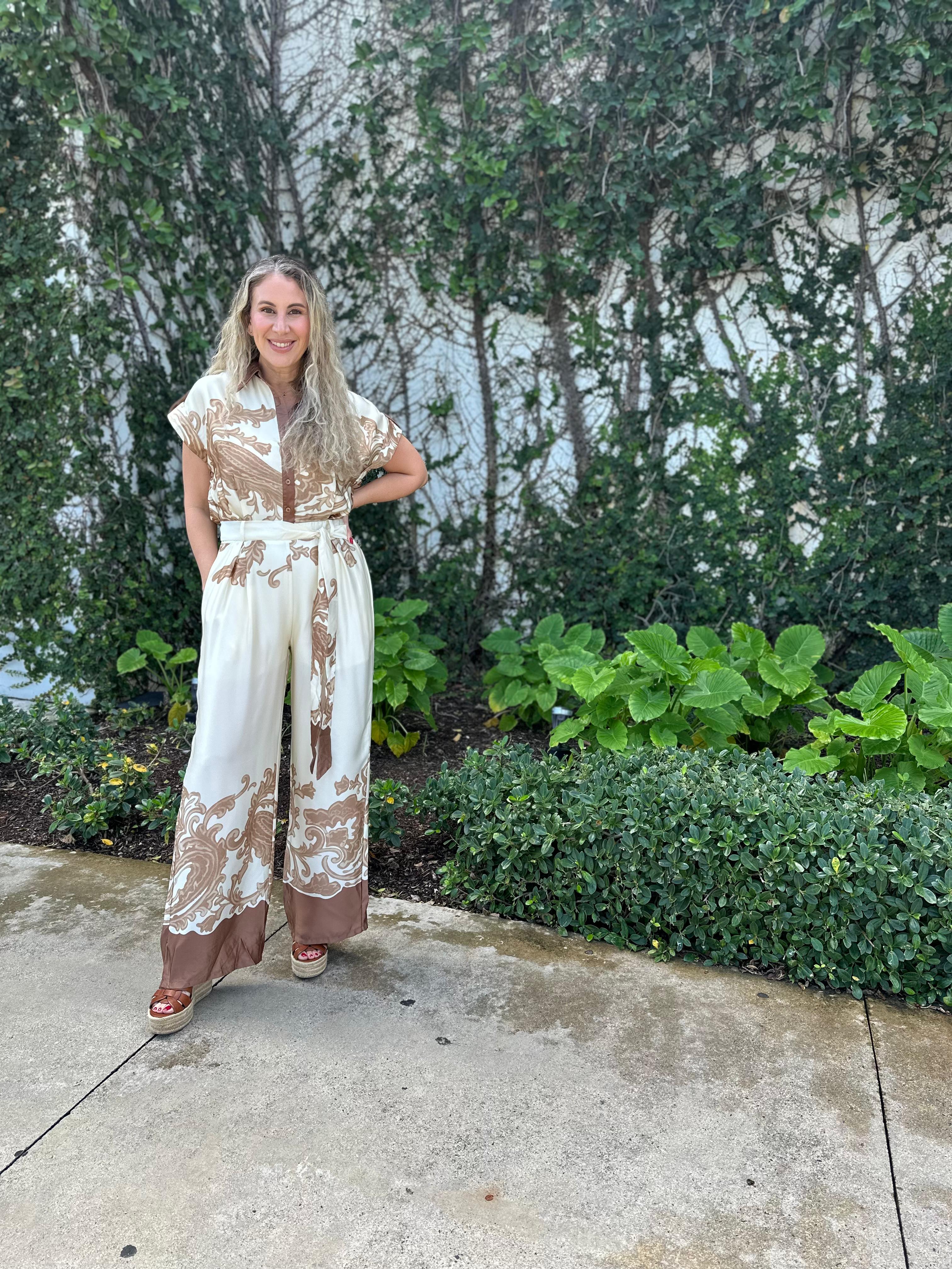 Print Satin Shirt Jumpsuit
