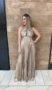 Metallic Pleated Maxi Dress