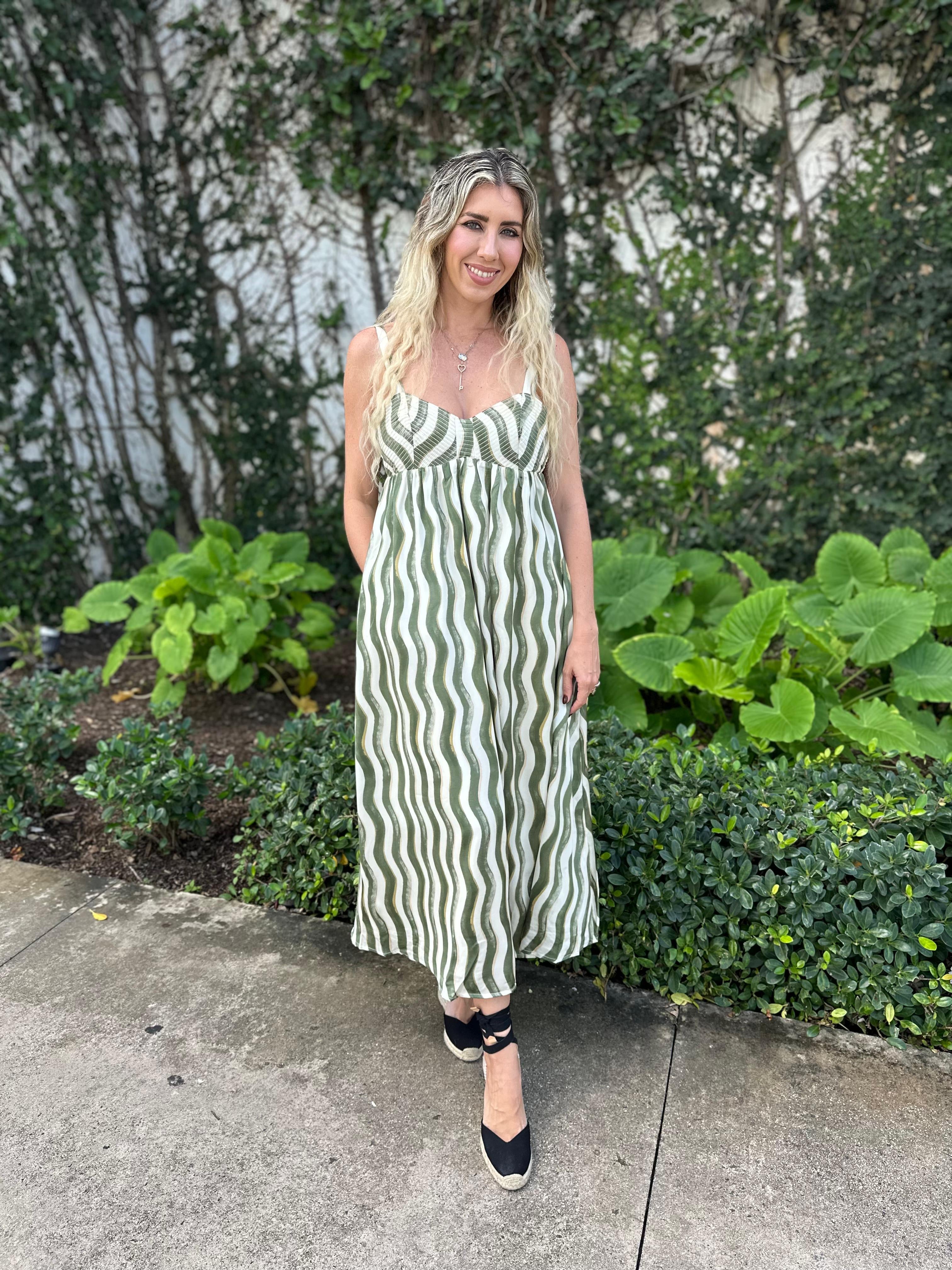 Wavy Striped Satin Midi Dress