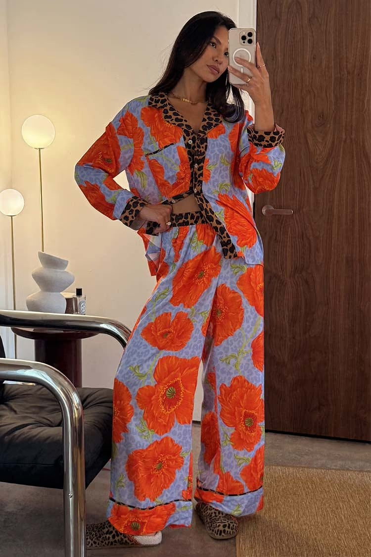 Blue Poppy Print Button Through Pyjamas