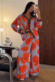 Blue Poppy Print Button Through Pyjamas