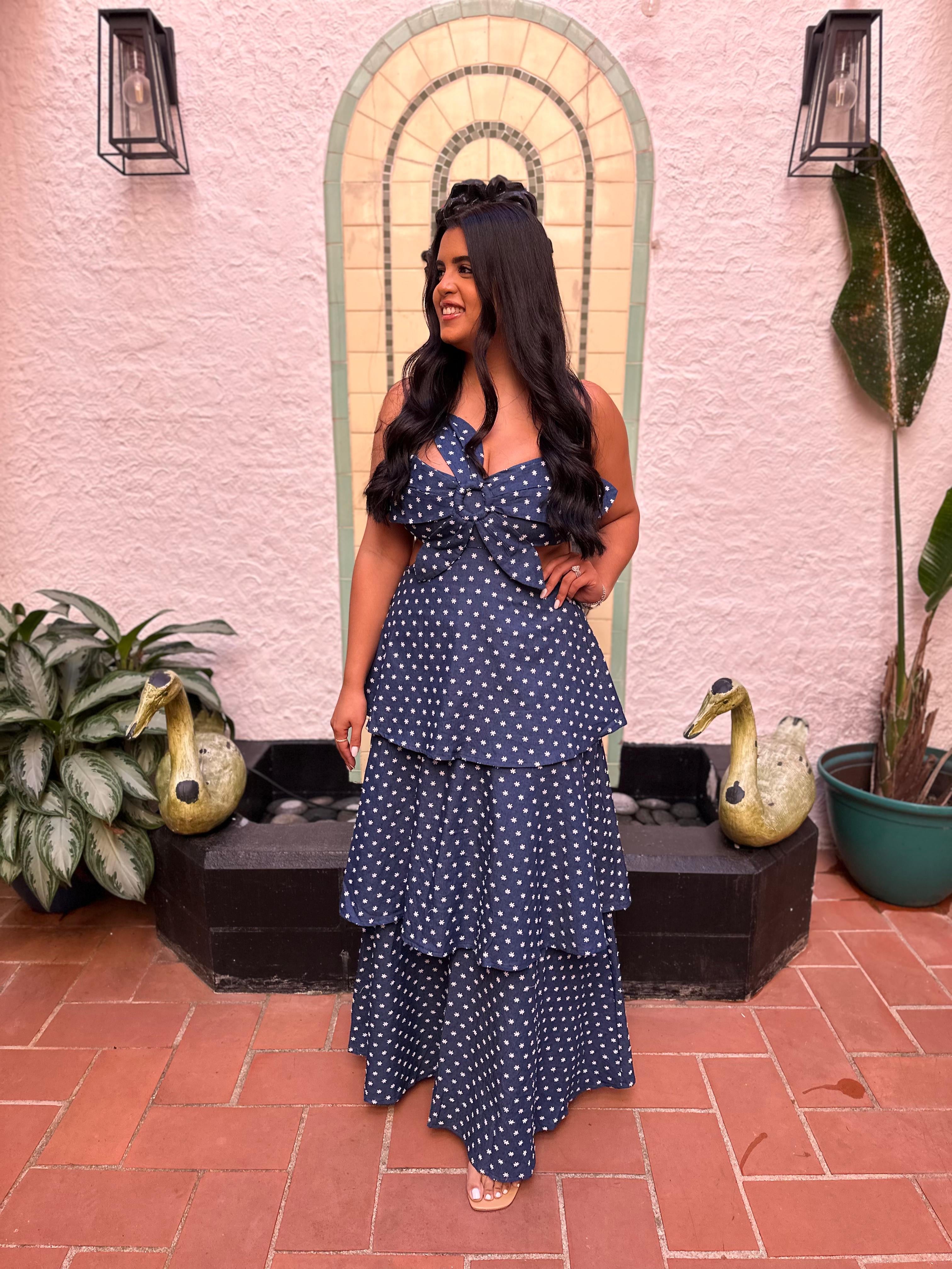 Printed Flower Top Tiered Maxi Dress