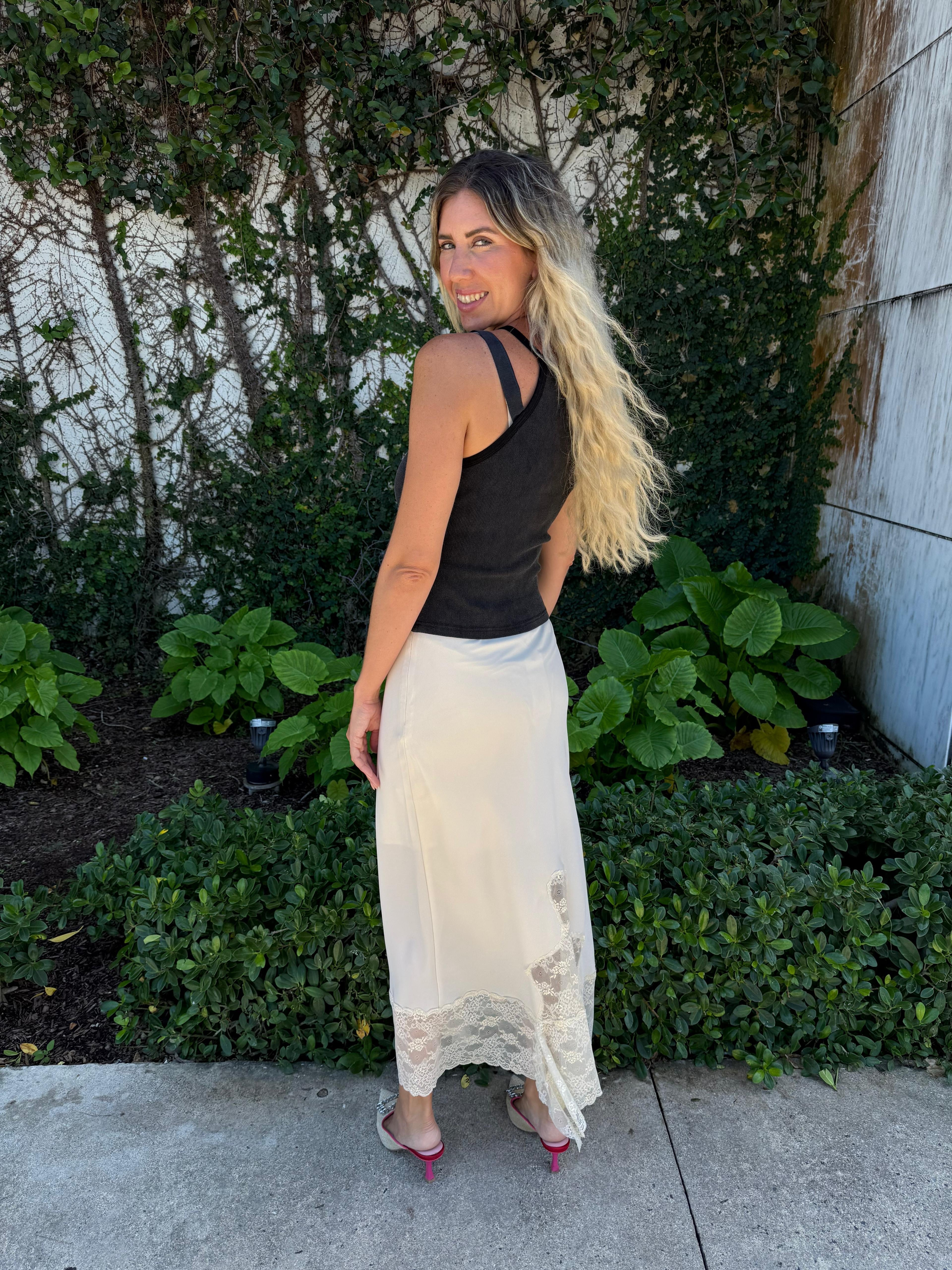 Satin Lace Maxi Skirt