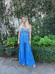 Denim Print Deep V Strapless Jumpsuit