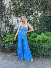 Denim Print Deep V Strapless Jumpsuit