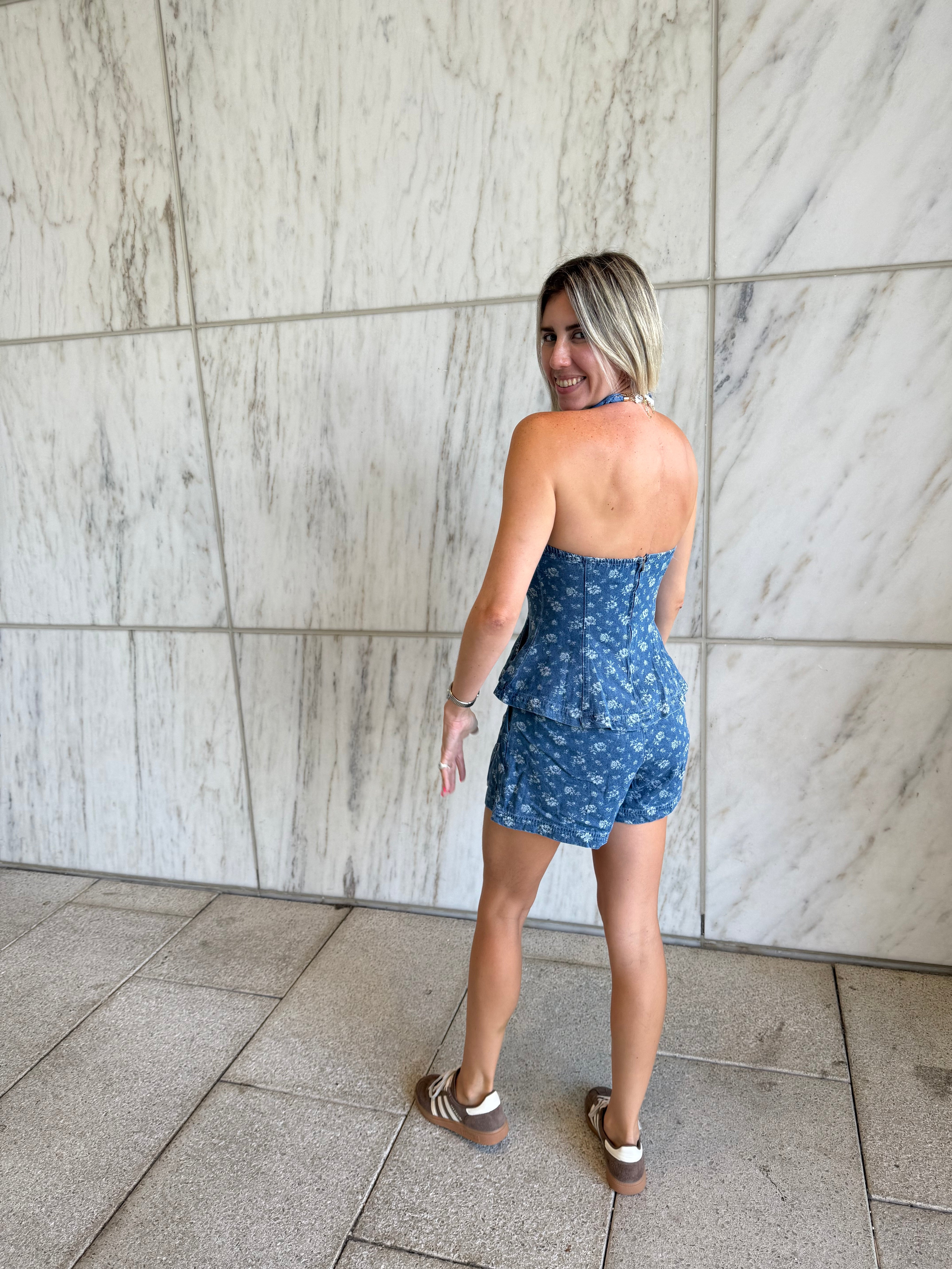Floral Denim Peplum Top & Short