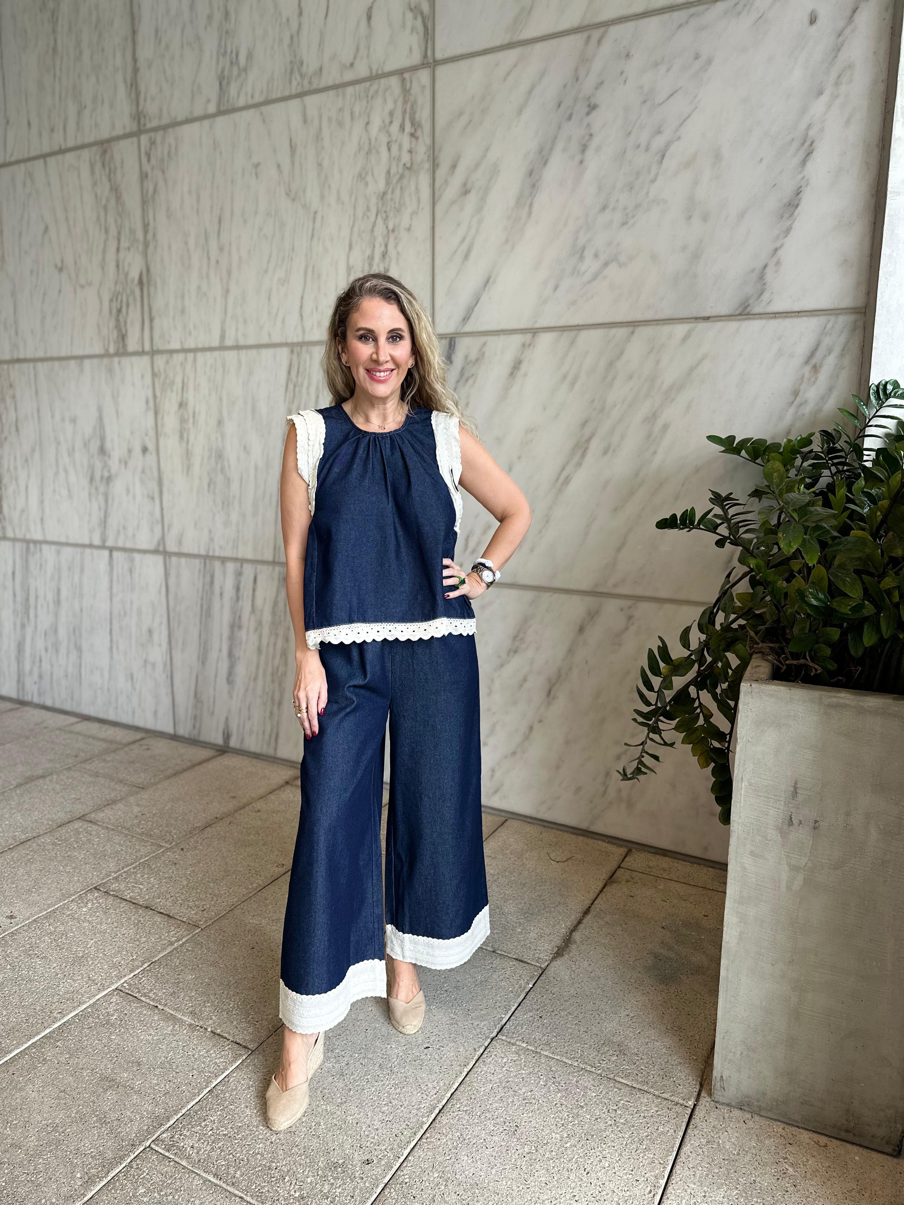 Sleeveless Top & Lace Trim Pant Set